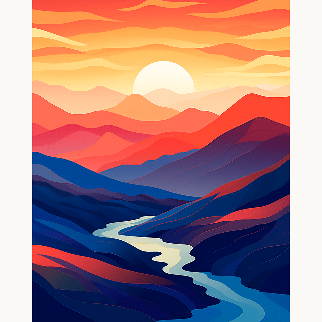 A vibrant landscape print featuring a majestic mountain range with a winding river at its base, set against the backdrop of a dramatic sunset or sunrise with clouds..
