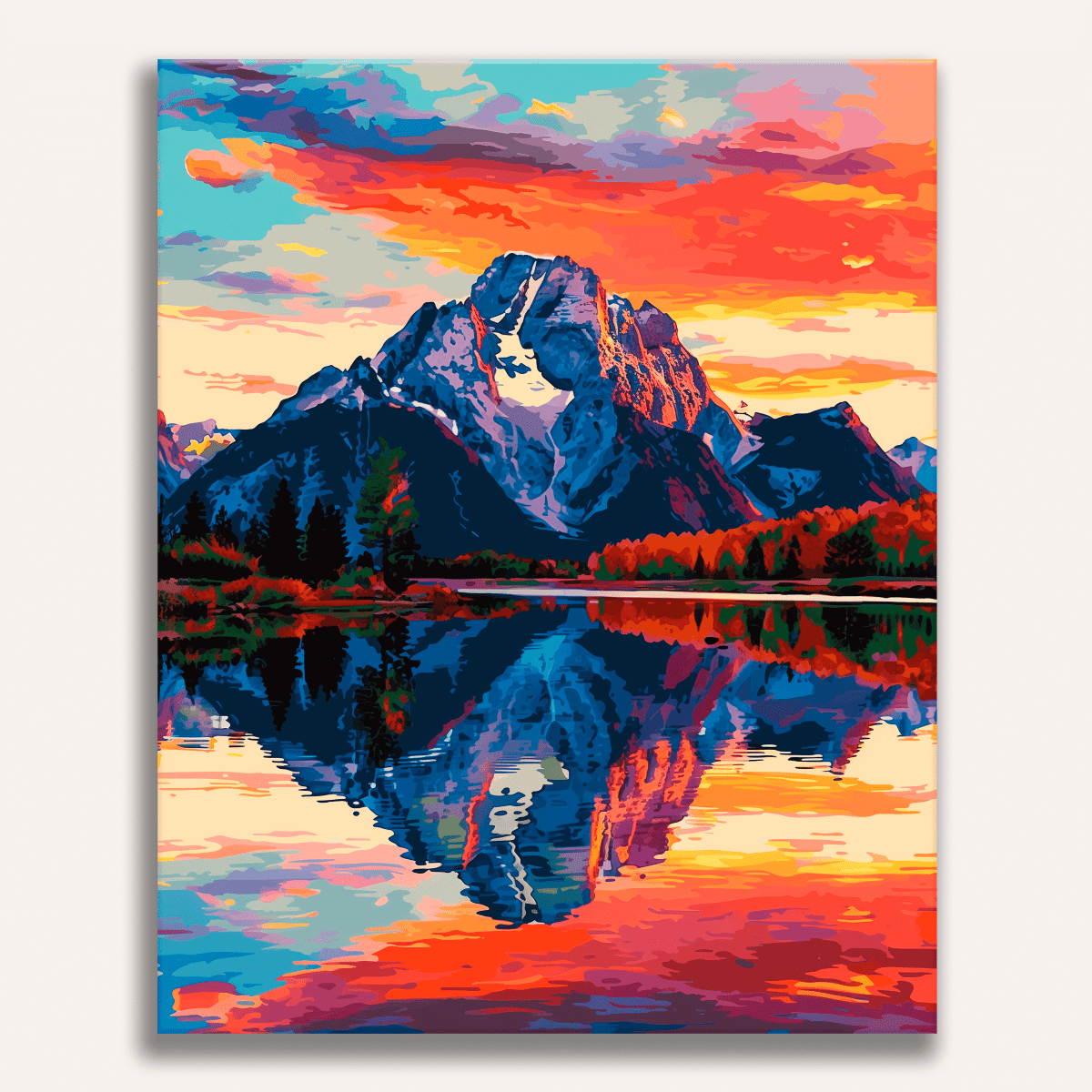 The image features a vivid, colorful landscape dominated by a large mountain.