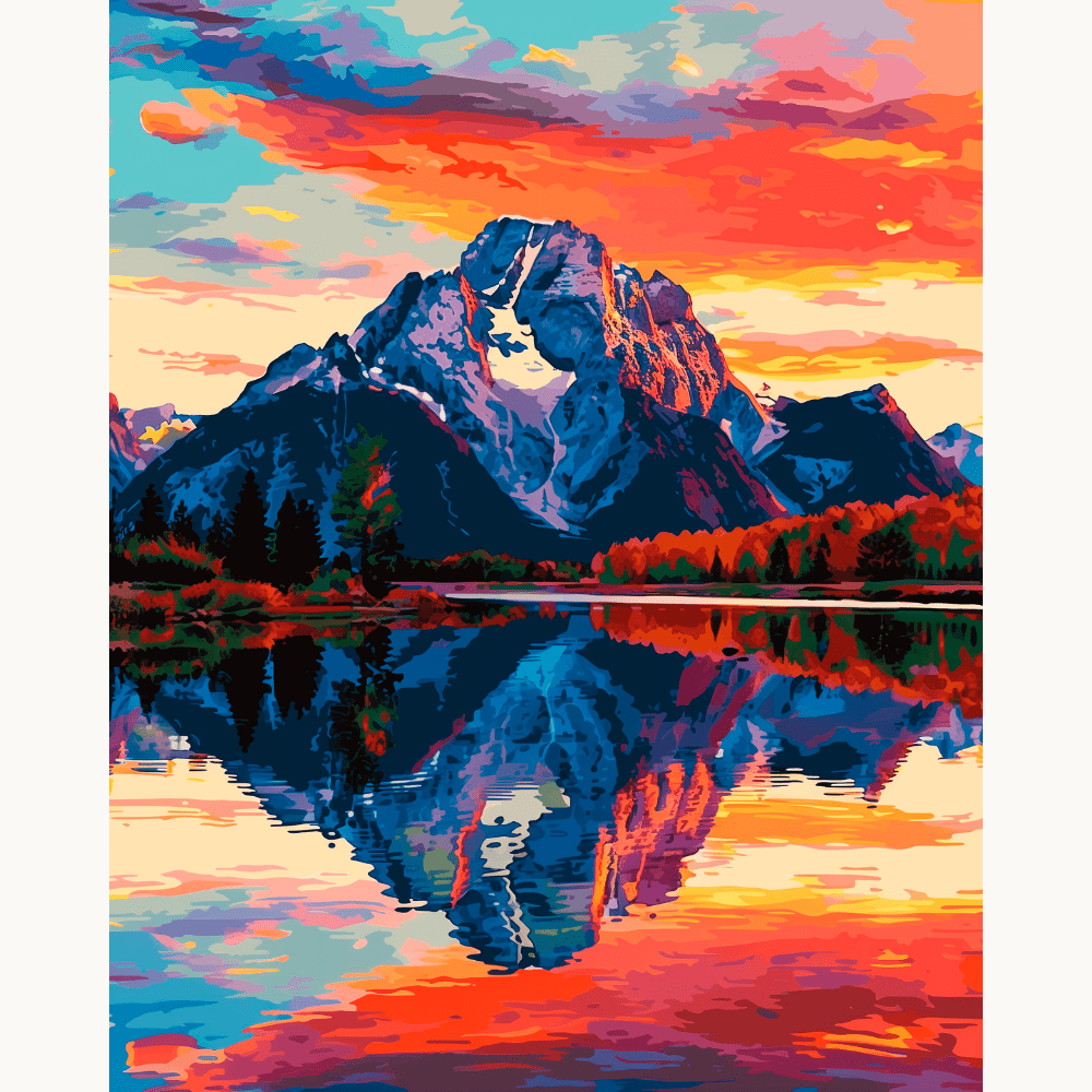The image features a vivid, colorful landscape dominated by a large mountain.