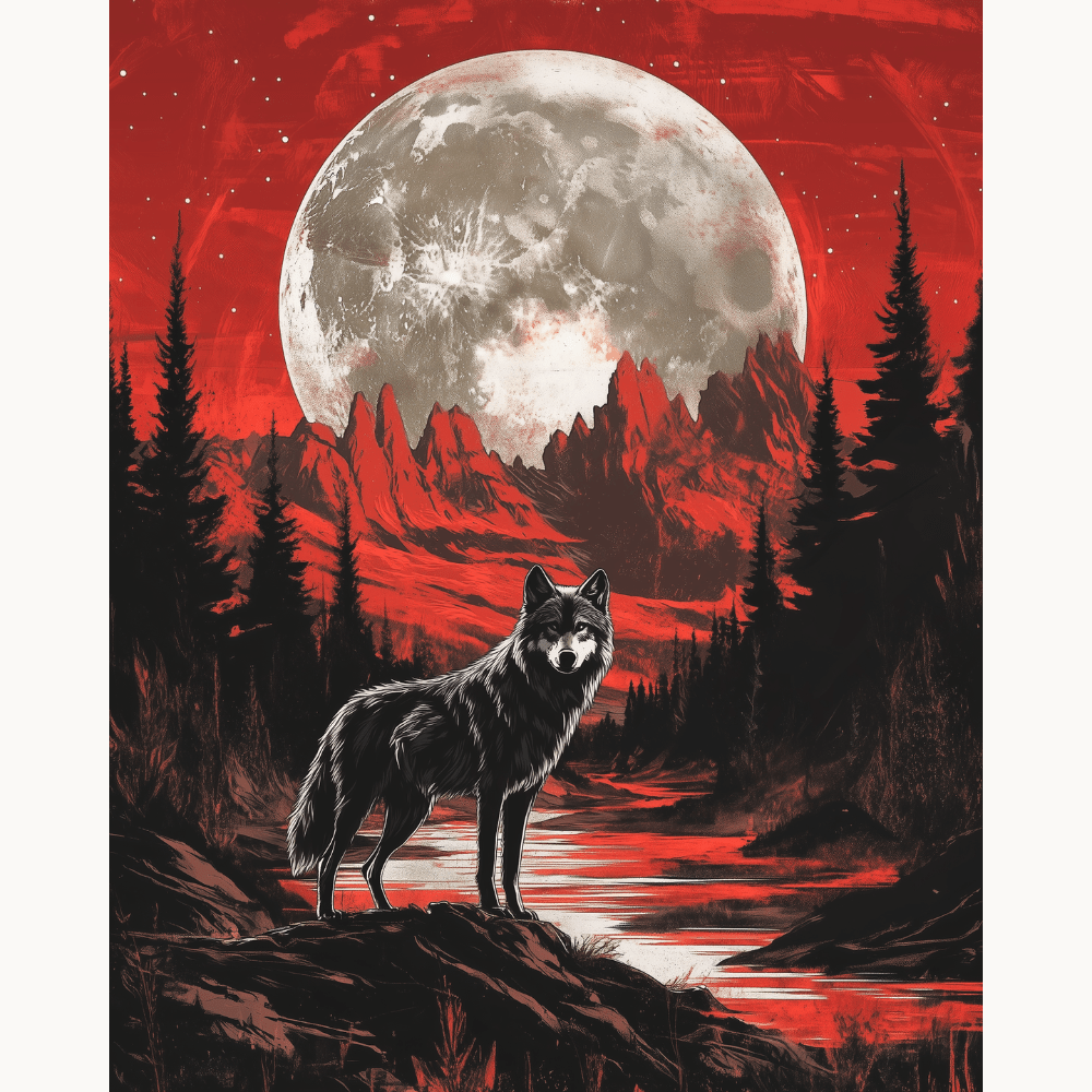 A wolf stands prominently in the foreground on a mountainous trail under a red, moonlit sky.