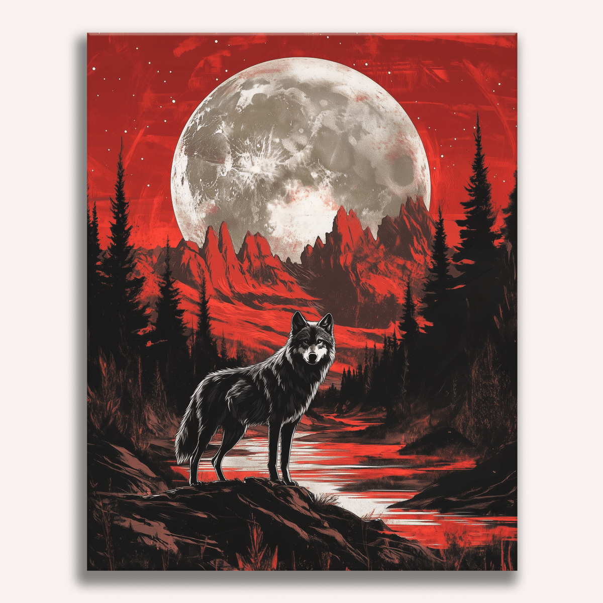 A wolf stands prominently in the foreground on a mountainous trail under a red, moonlit sky.
