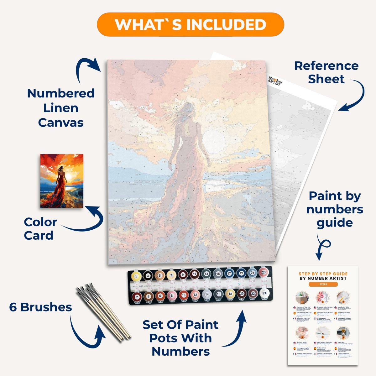 A stylized artwork featuring a woman standing on a beach with a vibrant sunset behind her, and her silhouette appears to be blowing in the wind as she gazes into the horizon..