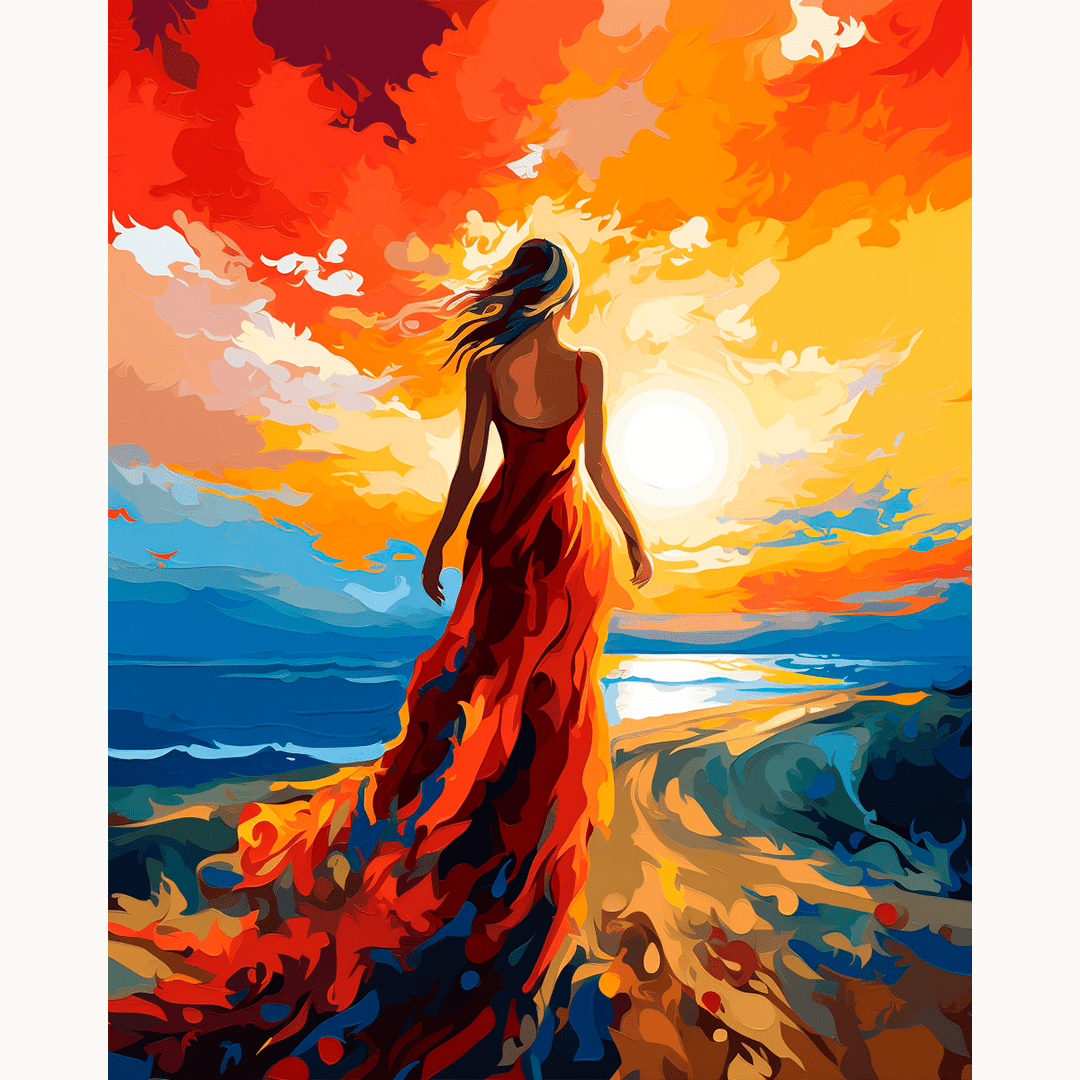 A stylized artwork featuring a woman standing on a beach with a vibrant sunset behind her, and her silhouette appears to be blowing in the wind as she gazes into the horizon..