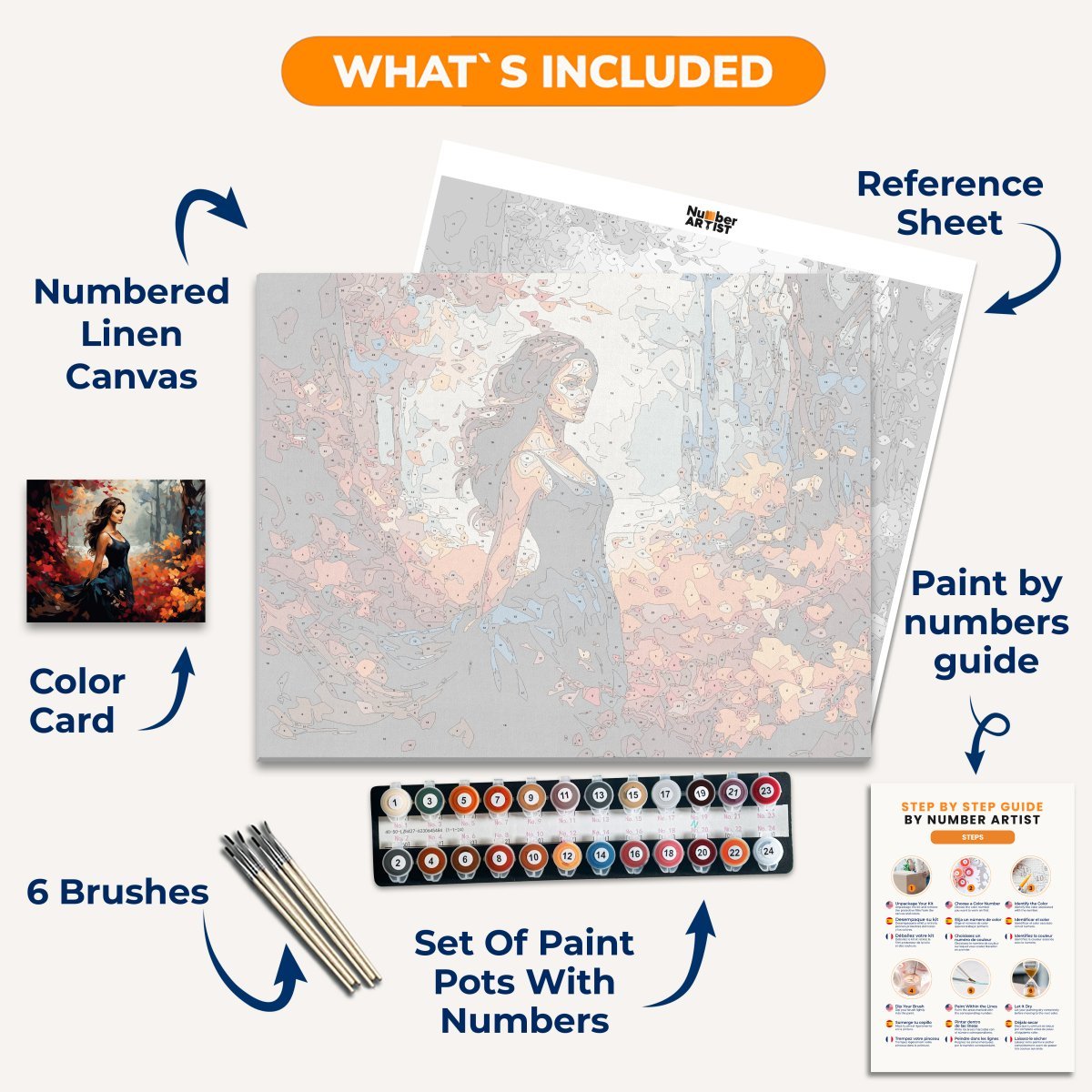 A woman stands amidst a forest floor carpeted with fallen autumn leaves.