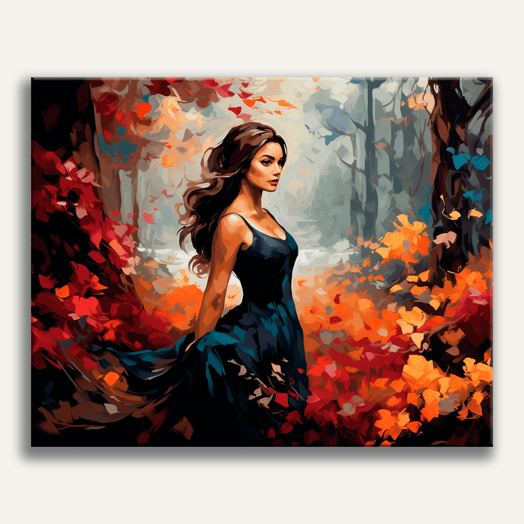 A woman stands amidst a forest floor carpeted with fallen autumn leaves.