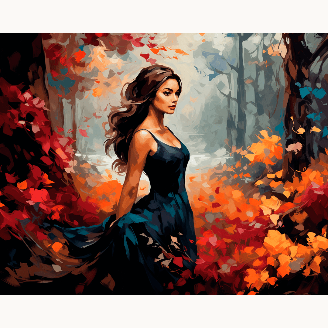 A woman stands amidst a forest floor carpeted with fallen autumn leaves.