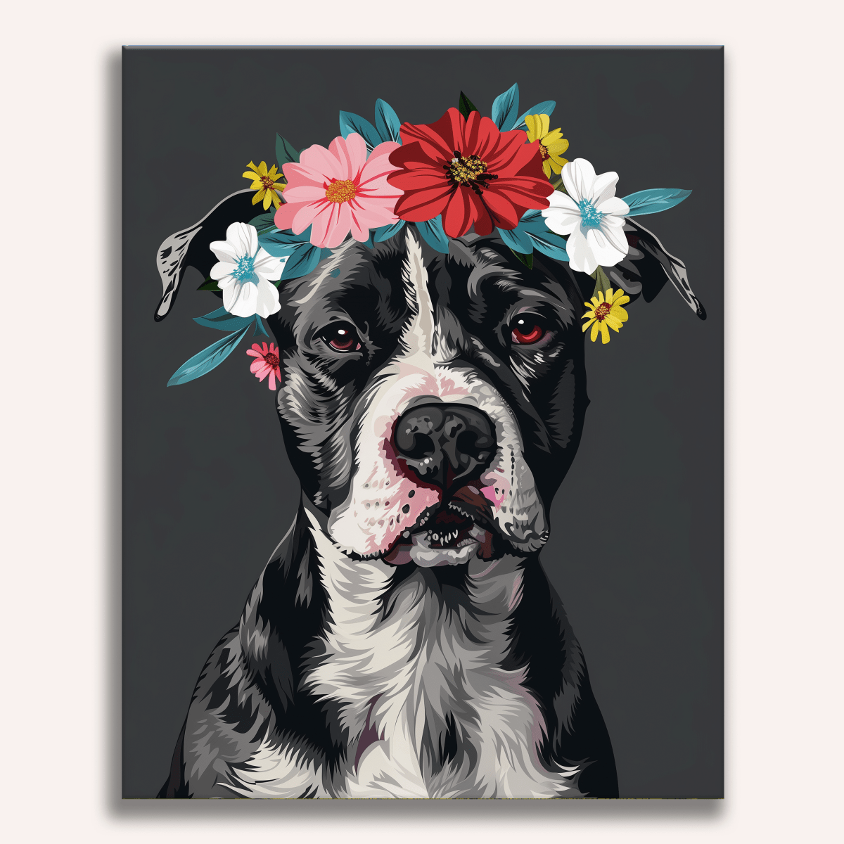 The image showcases a striking black and white portrait of a dog.