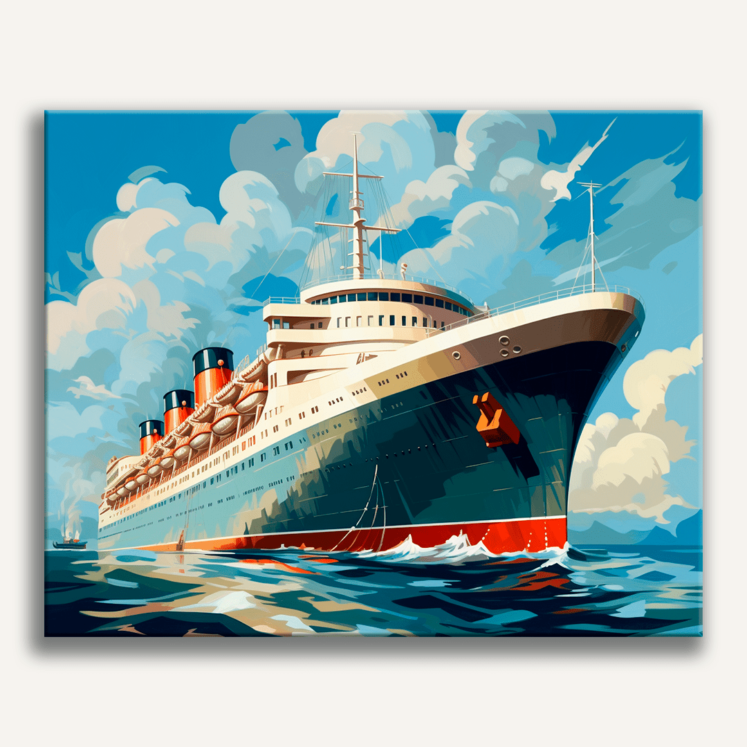 The image displays an illustration of a large, classic ocean liner sailing on water under a clear sky.