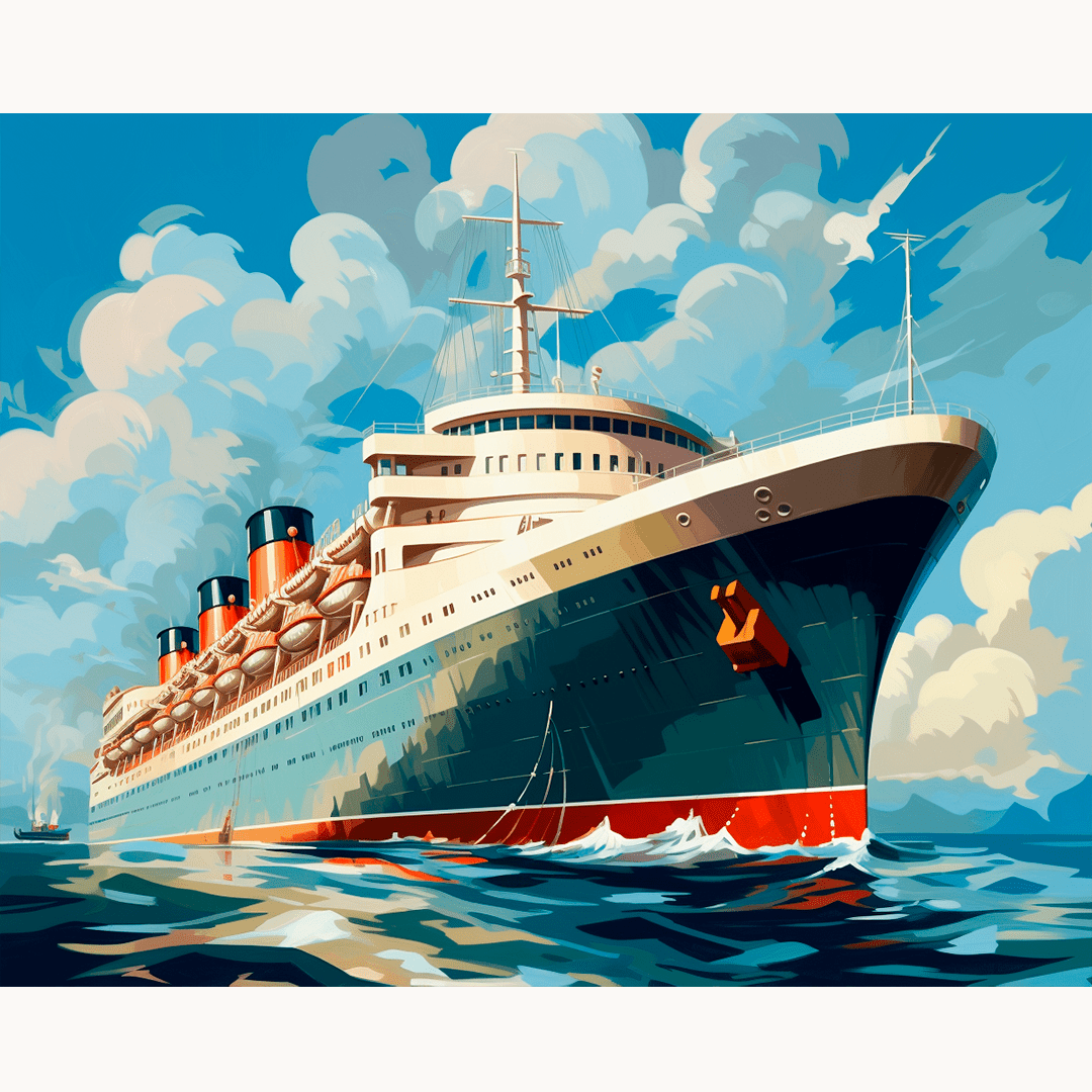 The image displays an illustration of a large, classic ocean liner sailing on water under a clear sky.