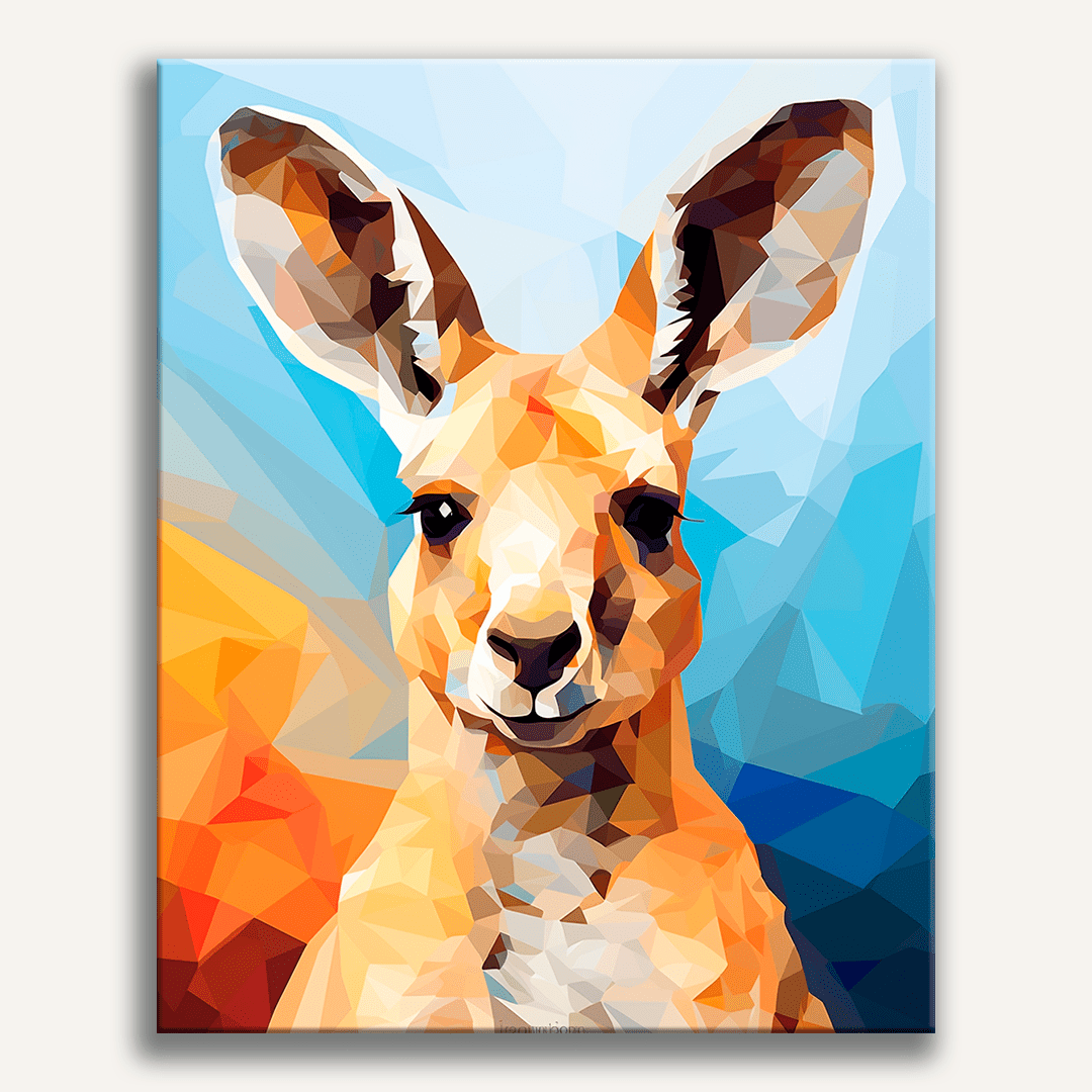 A digital art illustration features a kangaroo standing against a vivid backdrop with geometric shades of blue, red, and yellow, giving it a colorful polygonal effect, creating an artistic poster..