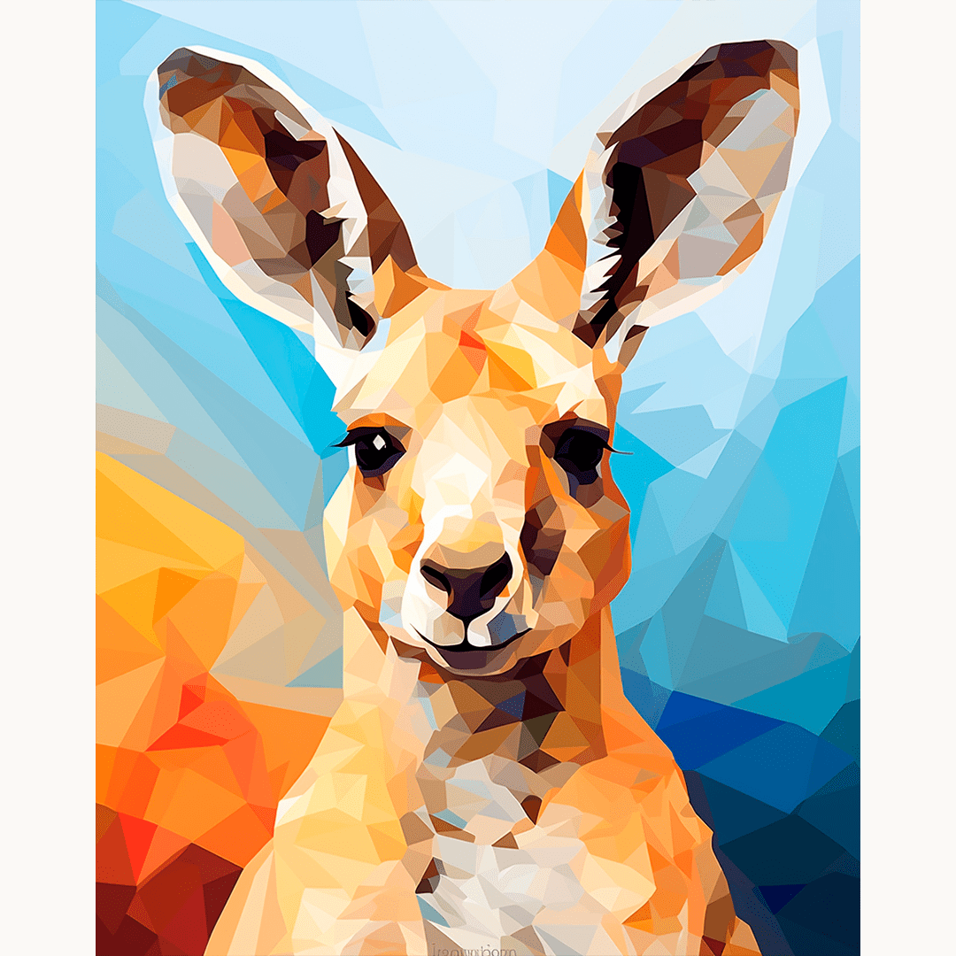 A digital art illustration features a kangaroo standing against a vivid backdrop with geometric shades of blue, red, and yellow, giving it a colorful polygonal effect, creating an artistic poster..