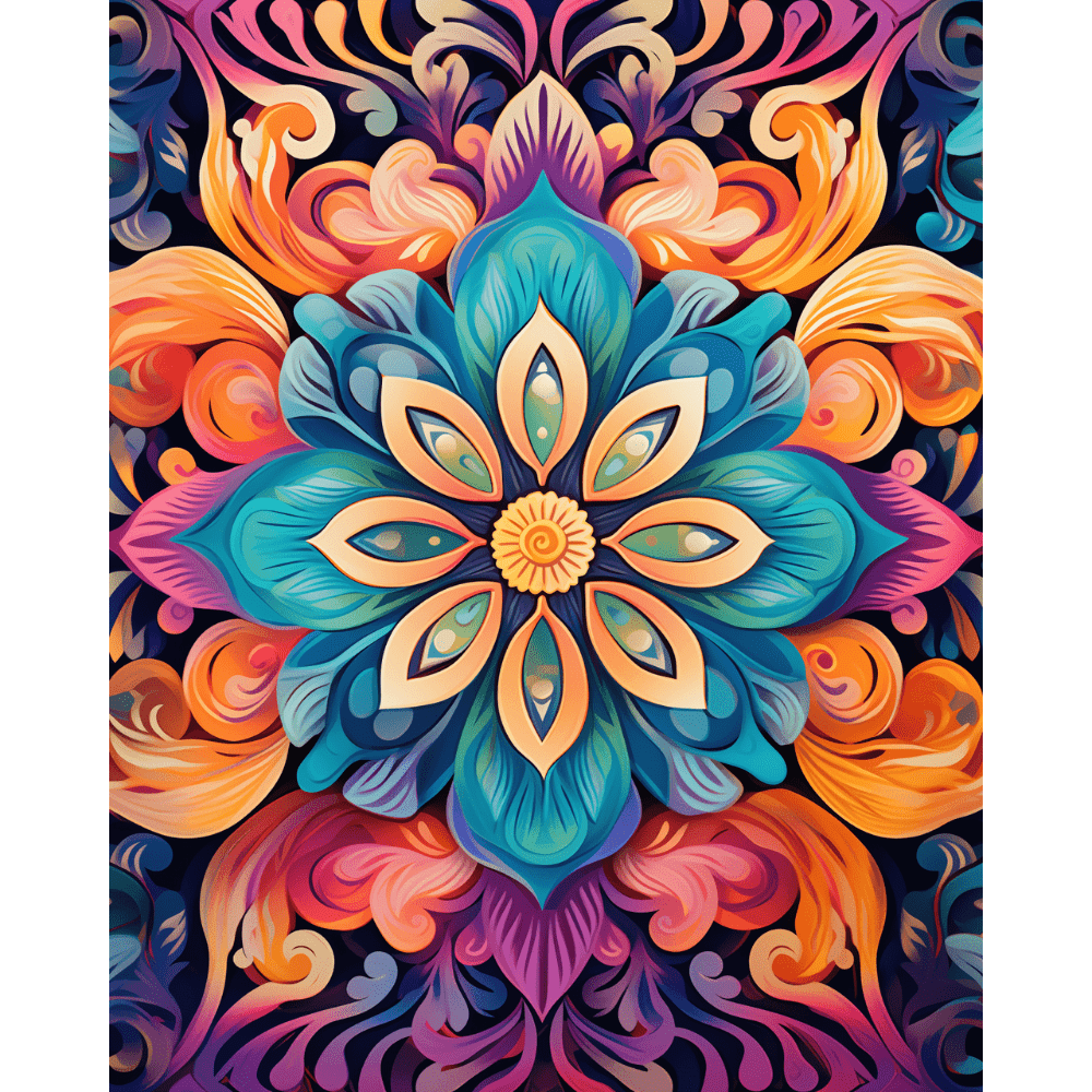 A vibrant piece of wall art showcases a detailed floral design with rich colors and intricate patterns on a colorful background..