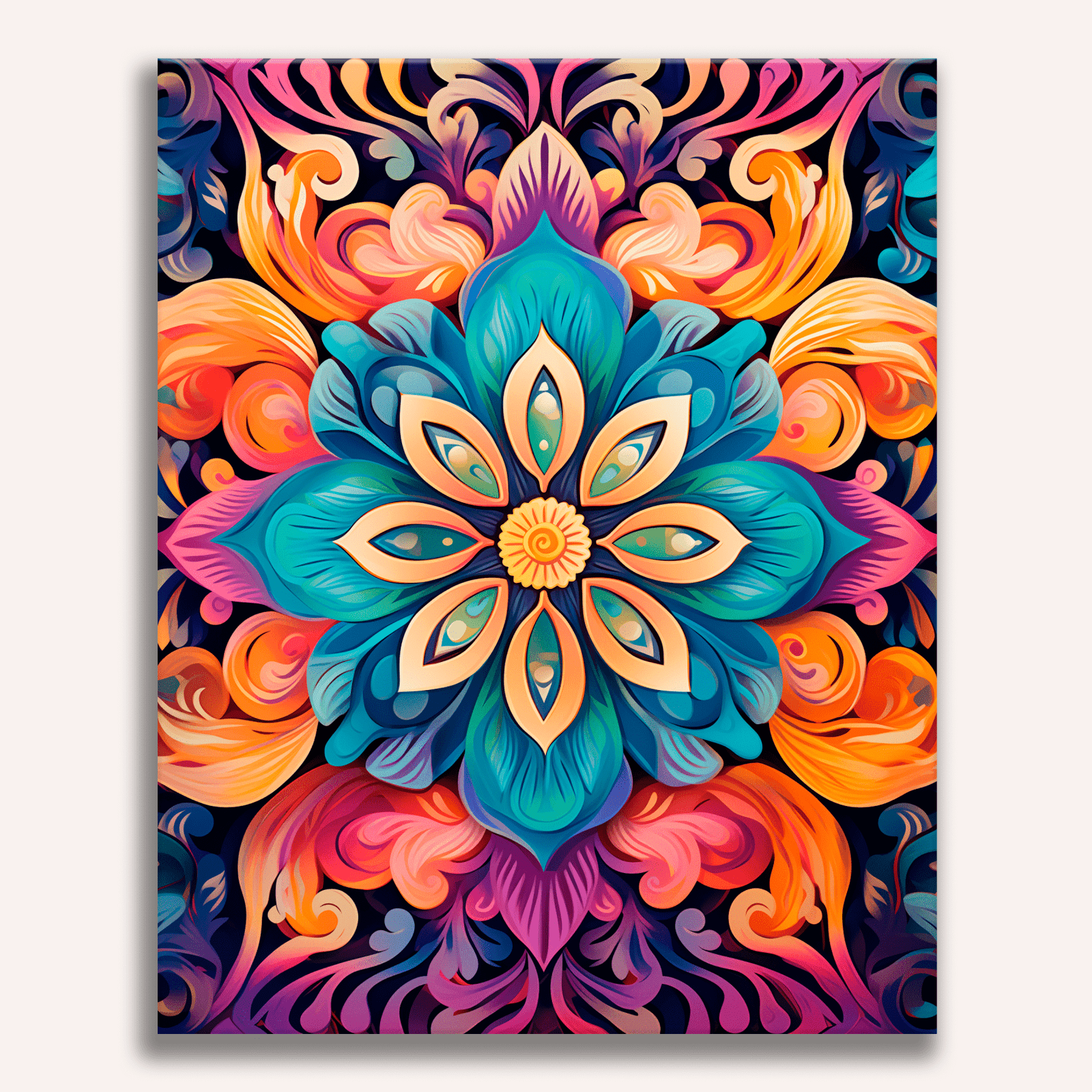 A vibrant piece of wall art showcases a detailed floral design with rich colors and intricate patterns on a colorful background..