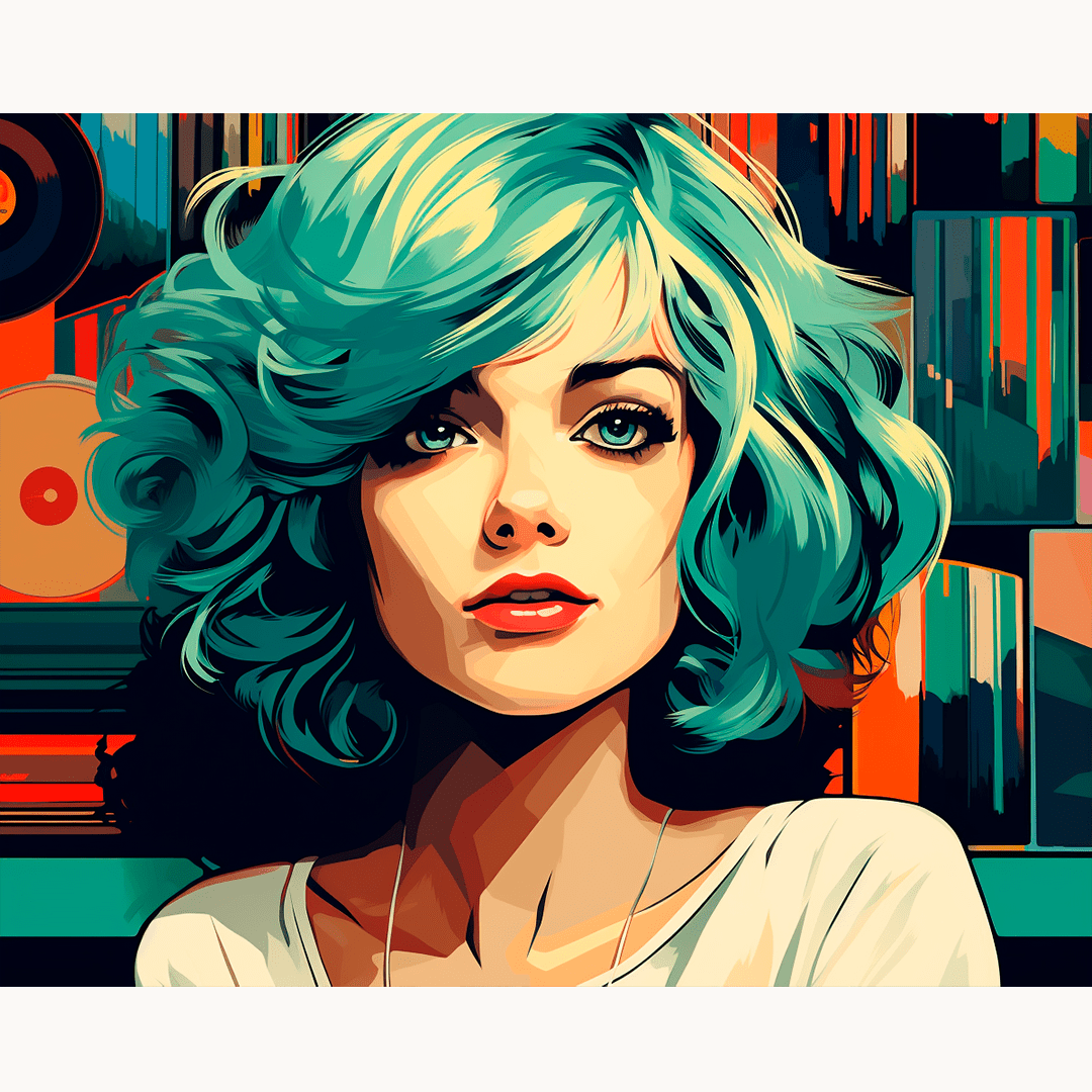 This is a promotional image featuring an illustrated female character with short turquoise hair and a casual green hairstyle.