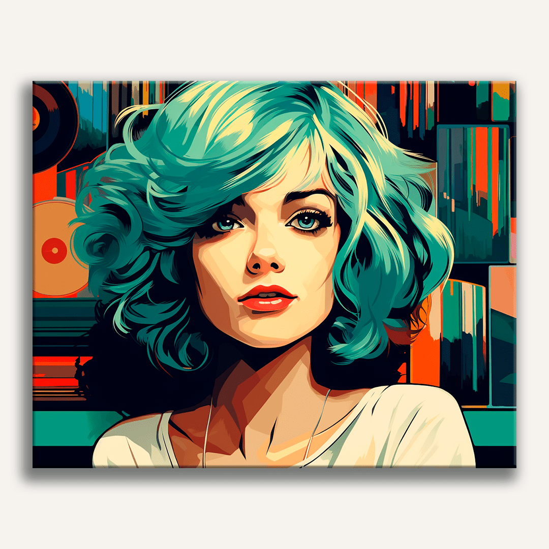 This is a promotional image featuring an illustrated female character with short turquoise hair and a casual green hairstyle.