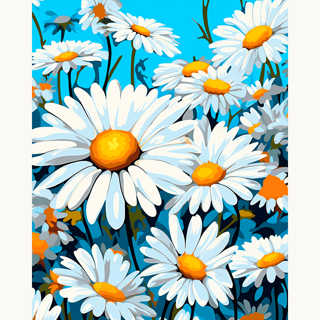 This image features a bouquet of daisies against a blue background.