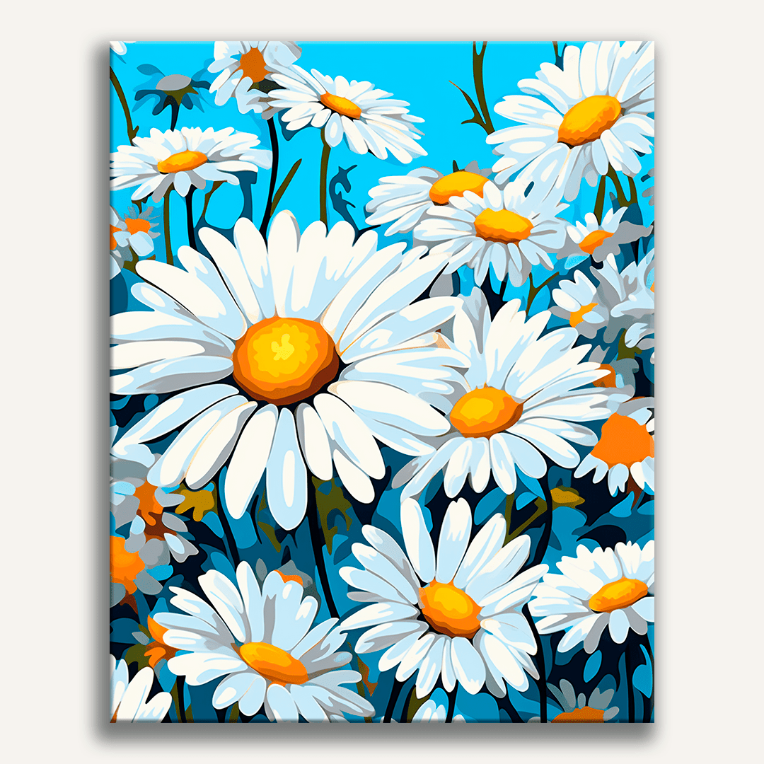 This image features a bouquet of daisies against a blue background.