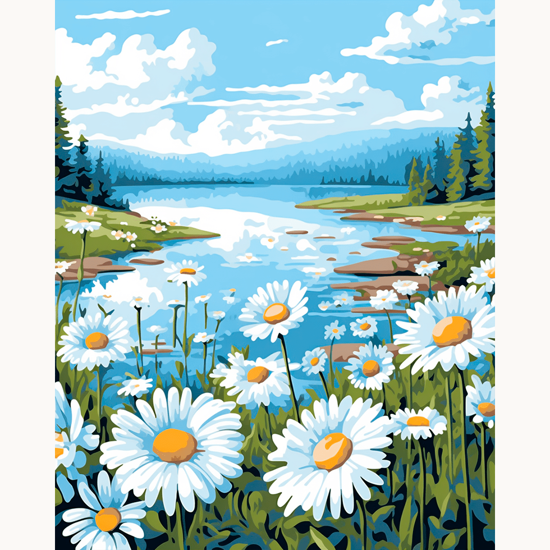 A picturesque scene of a serene landscape featuring a riverbank filled with wildflowers and dotted with green trees.