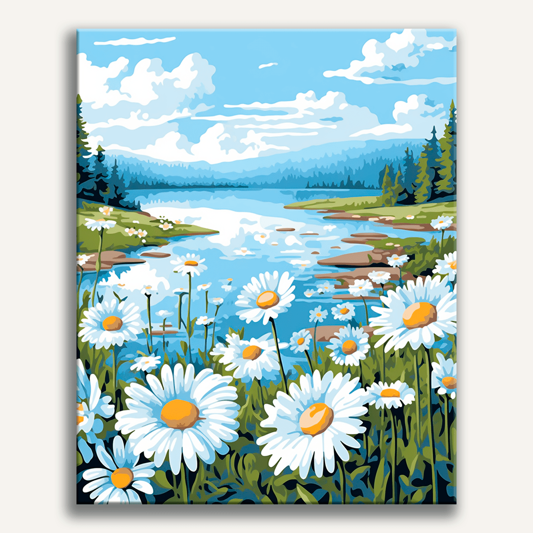A picturesque scene of a serene landscape featuring a riverbank filled with wildflowers and dotted with green trees.