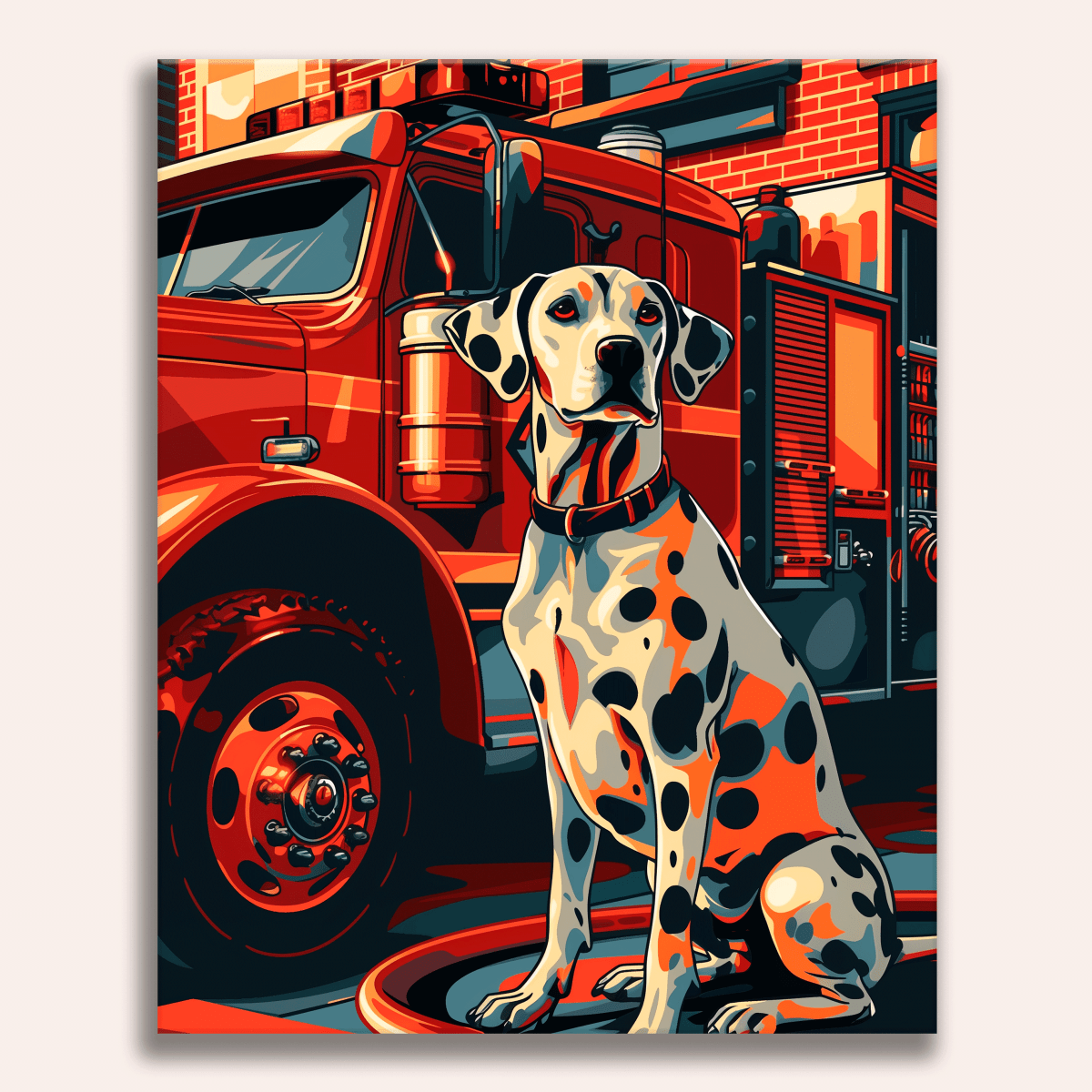 A vibrant and colorful illustration featuring a Dalmatian dog with polka dots in a red fire truck, standing on a white fire hydrant next to a brick building.