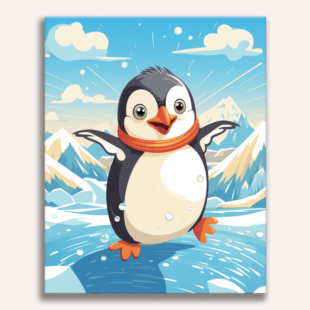 The image features a penguin standing confidently on an iceberg.