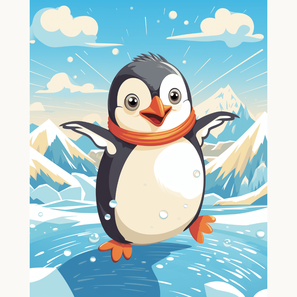 The image features a penguin standing confidently on an iceberg.