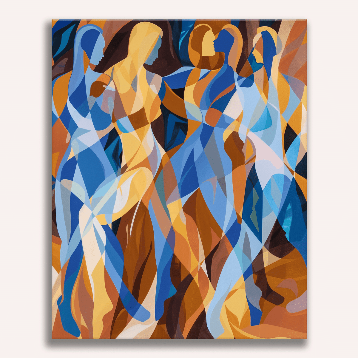 The image presents an abstract art piece featuring a group of figures in motion against a dark background.