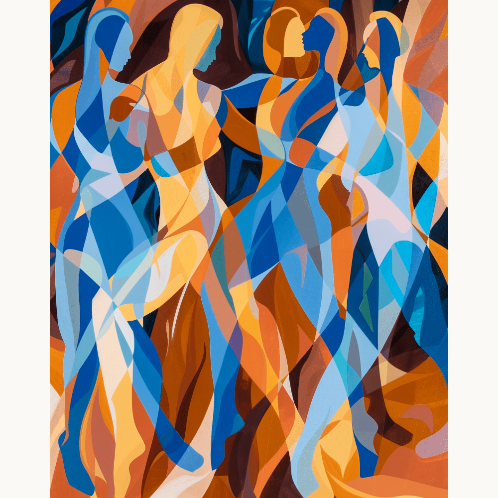 The image presents an abstract art piece featuring a group of figures in motion against a dark background.