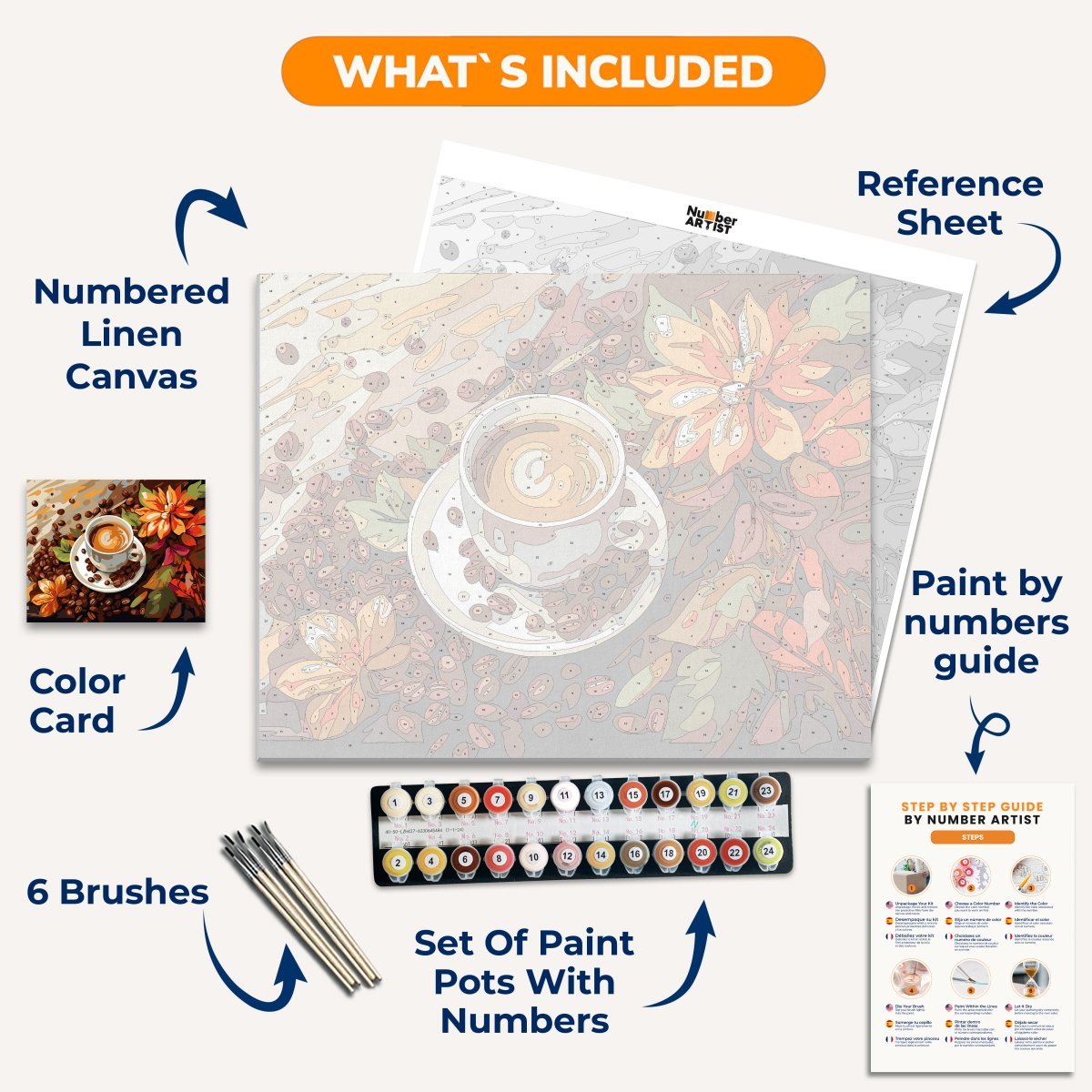 In the heart of an autumnal scene, a white coffee mug takes center stage on a table covered with fallen leaves in hues of orange and yellow.