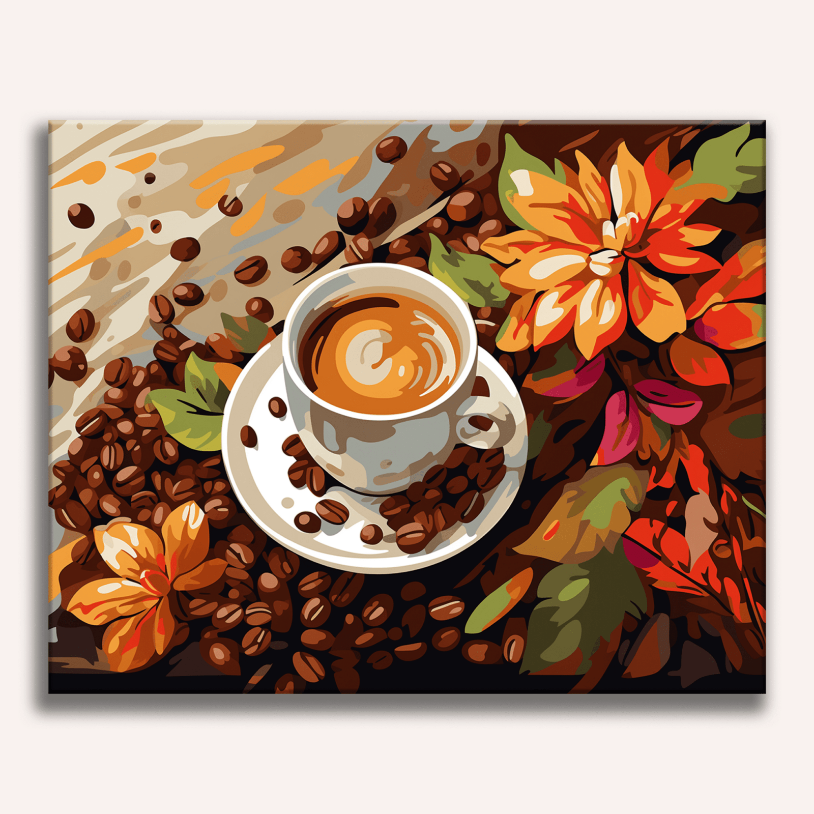 In the heart of an autumnal scene, a white coffee mug takes center stage on a table covered with fallen leaves in hues of orange and yellow.