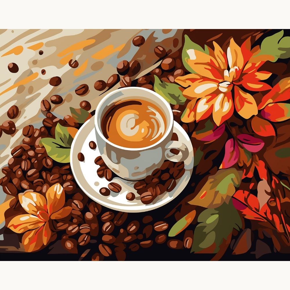 In the heart of an autumnal scene, a white coffee mug takes center stage on a table covered with fallen leaves in hues of orange and yellow.
