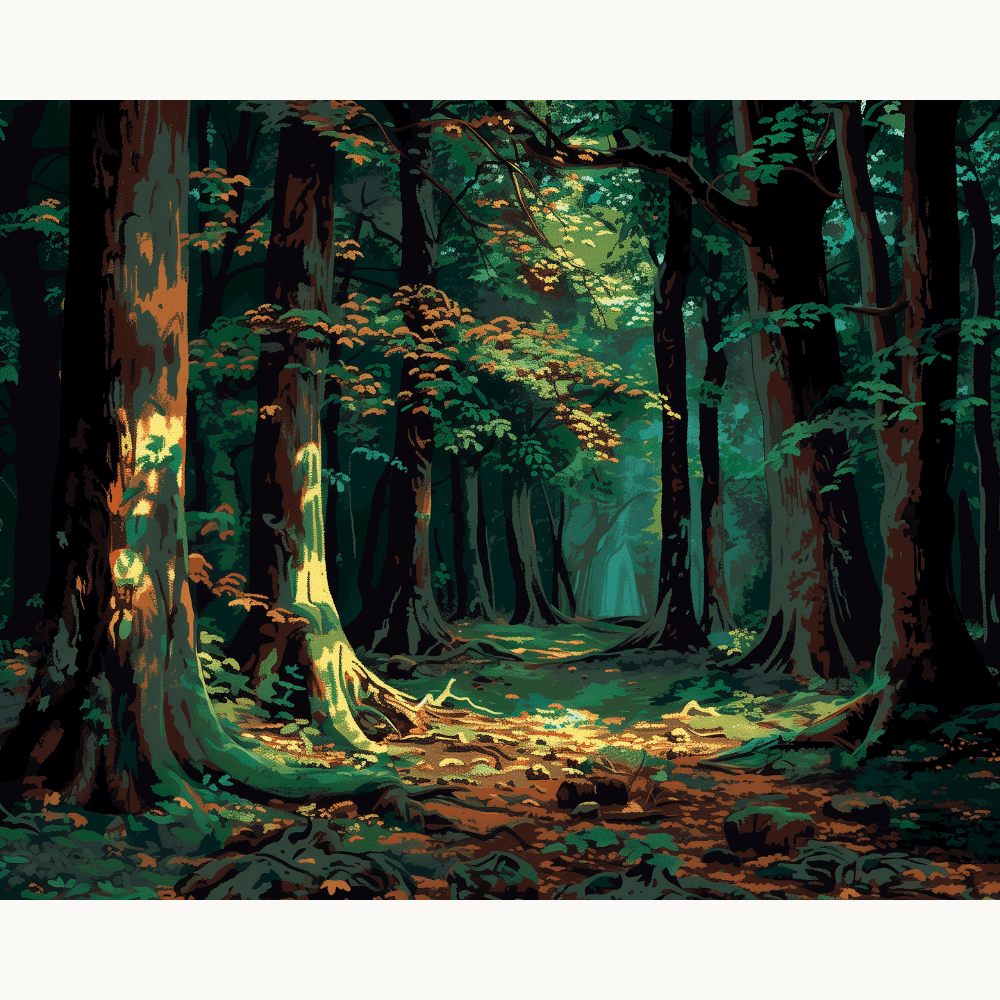 The image presents a tranquil forest scene, set in the heart of autumn.