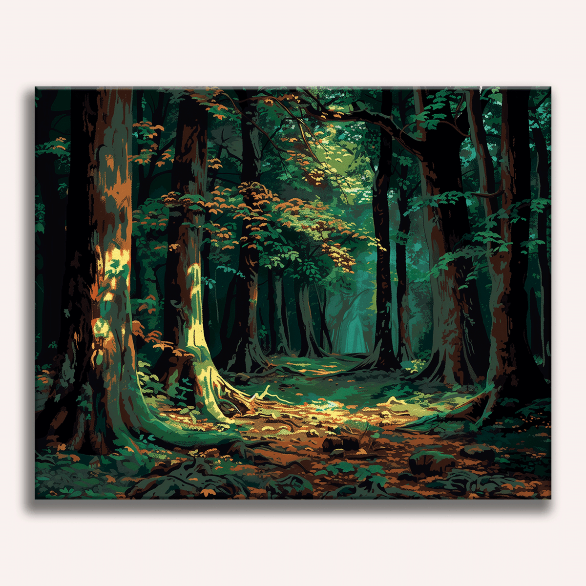 The image presents a tranquil forest scene, set in the heart of autumn.