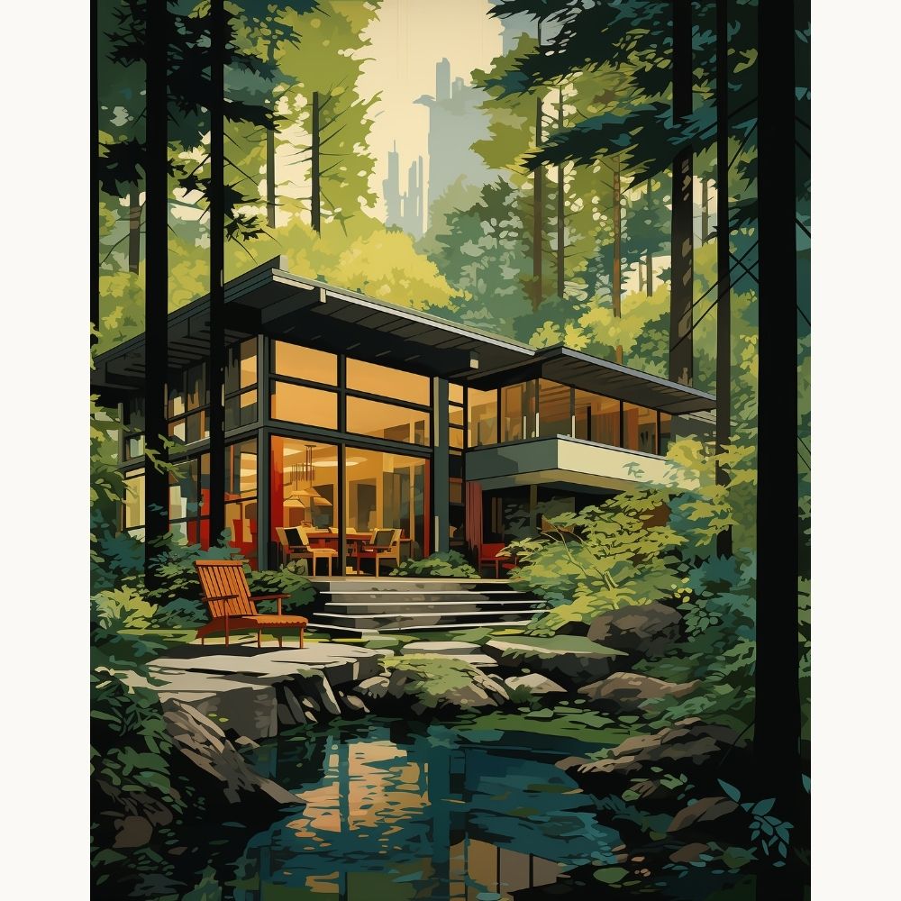 A poster of a tranquil forest scene featuring a modern house with large windows and a deck overlooking a peaceful stream and a lush forest.