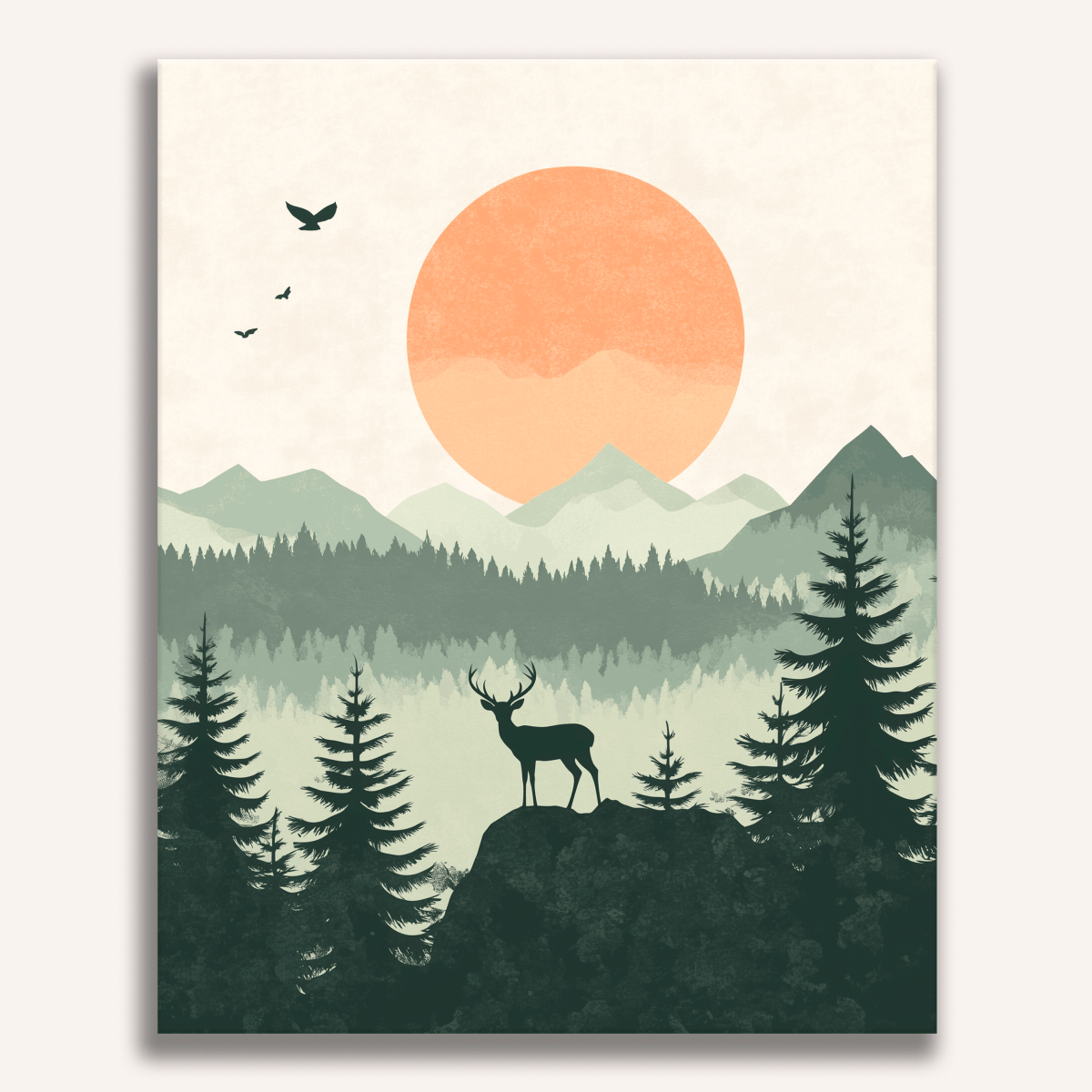 A vibrant landscape scene, featuring a majestic deer standing on a hilltop against a picturesque backdrop of lush greenery and towering mountains.
