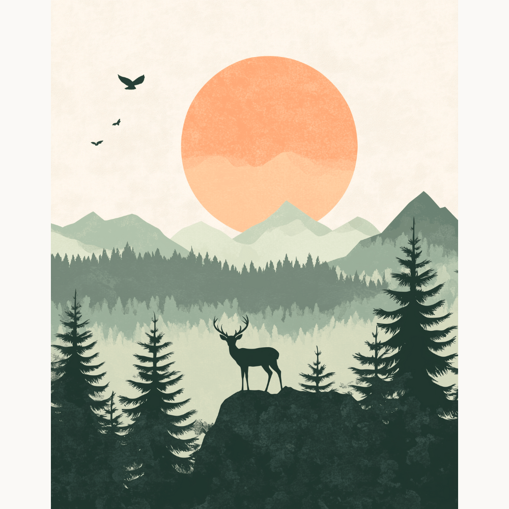 A vibrant landscape scene, featuring a majestic deer standing on a hilltop against a picturesque backdrop of lush greenery and towering mountains.