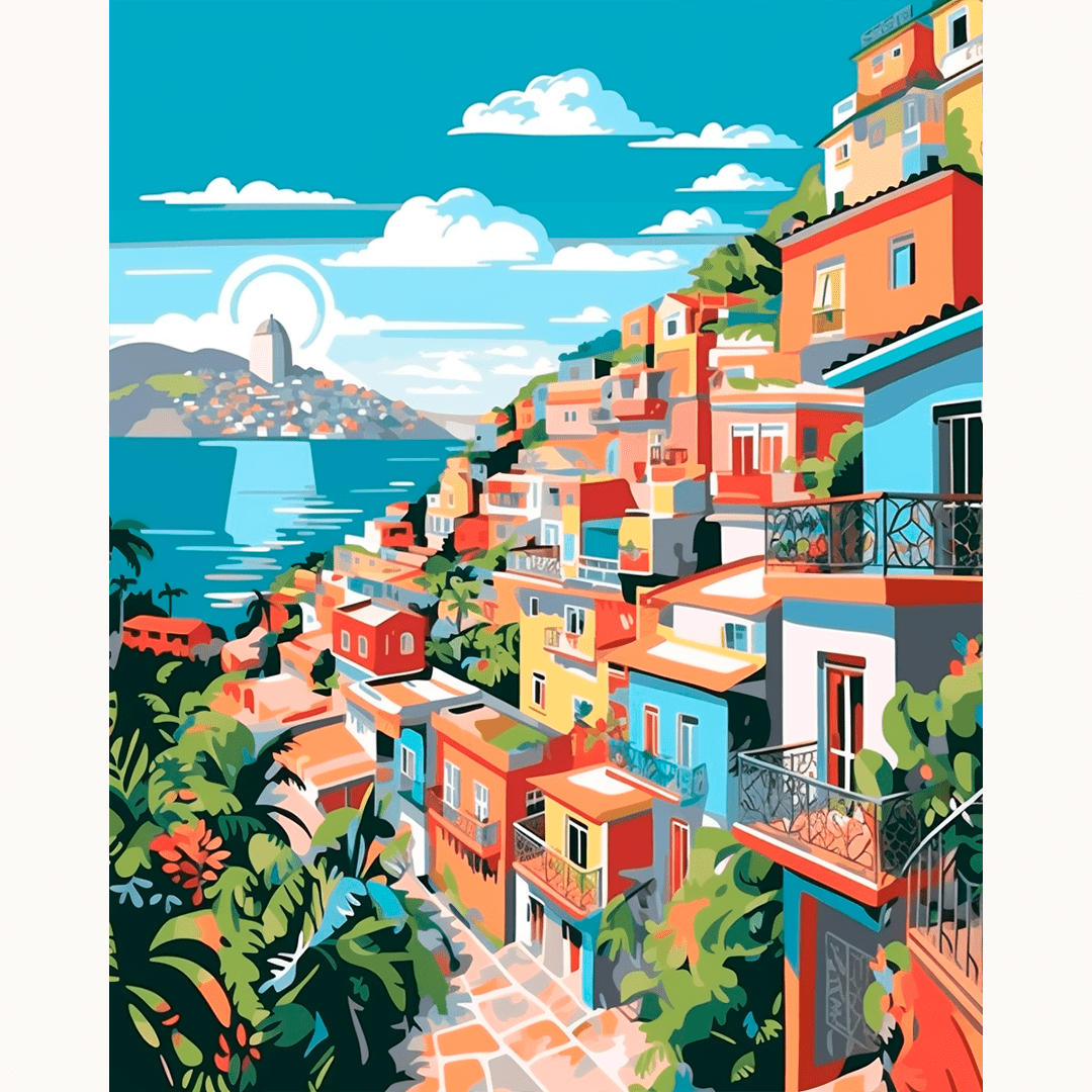A vibrant illustration showcases a coastal town on an island, where colorful houses of various sizes are neatly aligned along the street.