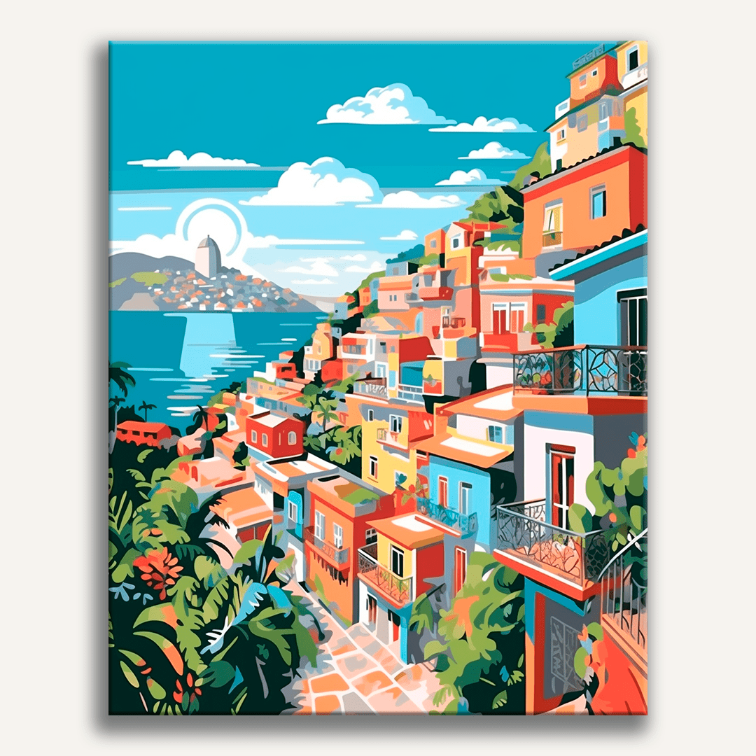 A vibrant illustration showcases a coastal town on an island, where colorful houses of various sizes are neatly aligned along the street.
