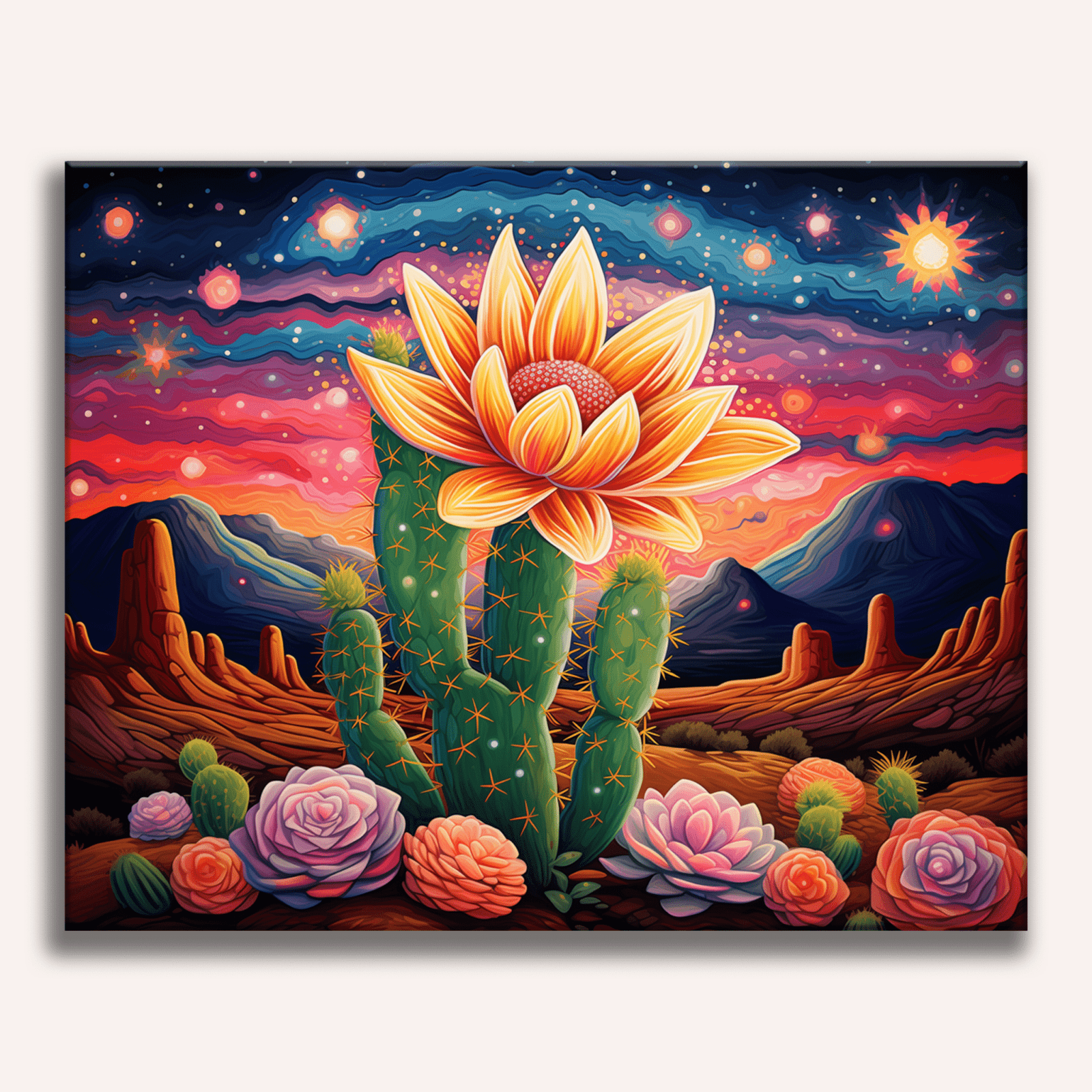 In the center of a desert-like environment under a starry sky, a vibrant sunflower stands prominently, its bright yellow petals contrasting against the surrounding cacti and mountains..