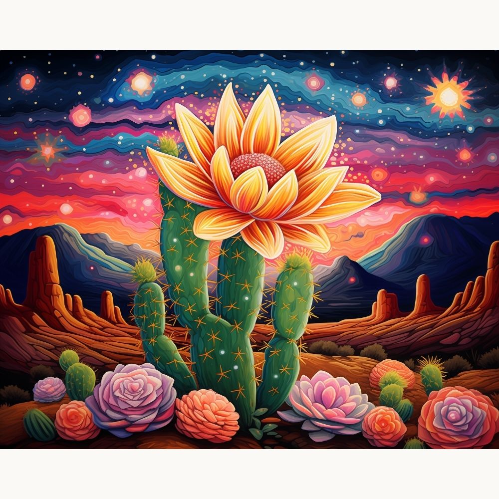 In the center of a desert-like environment under a starry sky, a vibrant sunflower stands prominently, its bright yellow petals contrasting against the surrounding cacti and mountains..