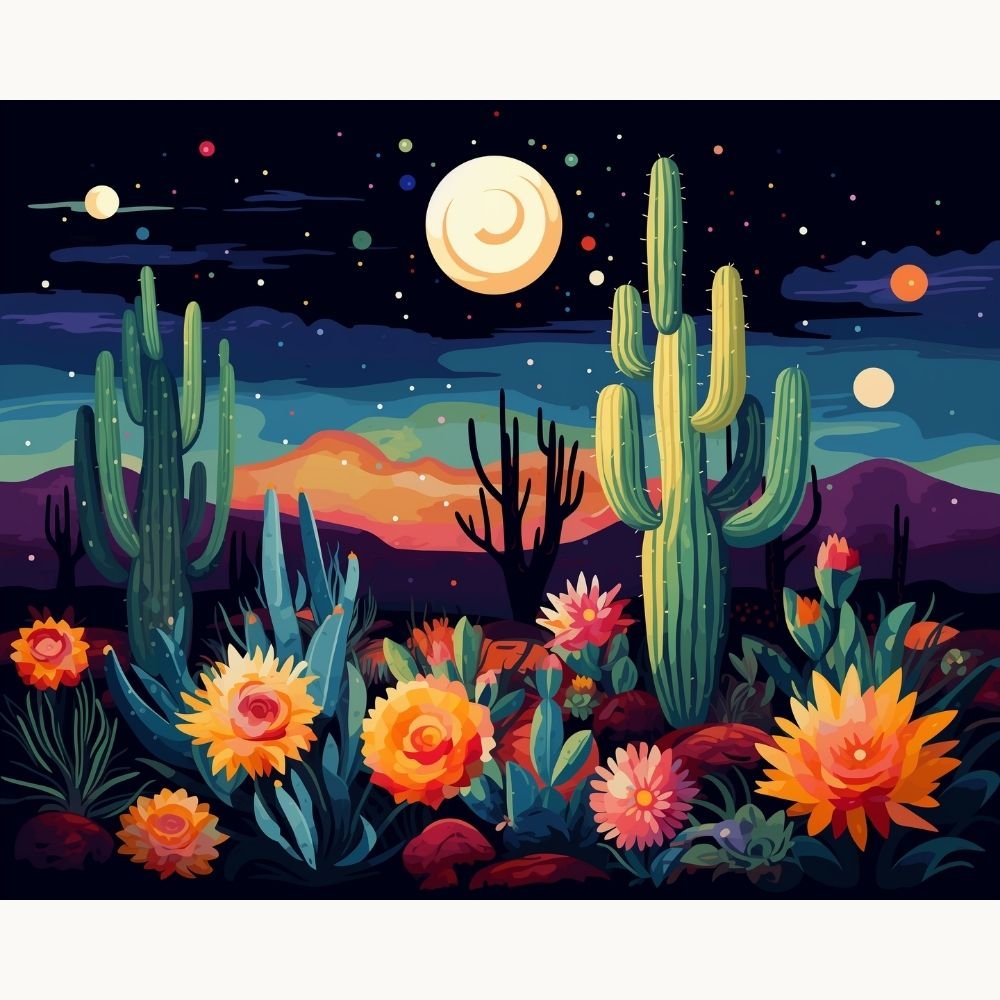 A vibrant night scene captures a desert landscape under a starry sky, where a cactus field is bathed in moonlight, and a mountain range forms the backdrop..
