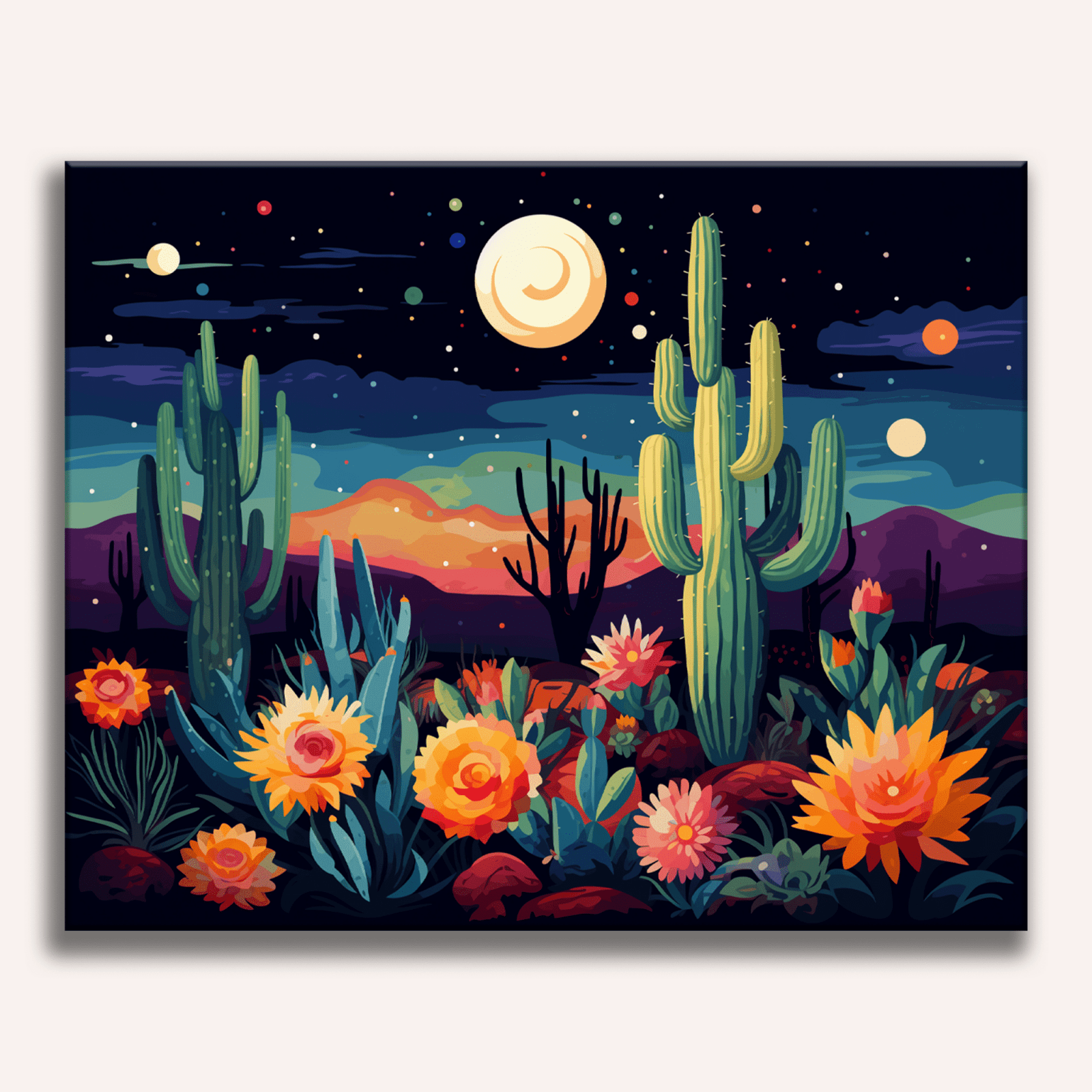 A vibrant night scene captures a desert landscape under a starry sky, where a cactus field is bathed in moonlight, and a mountain range forms the backdrop..