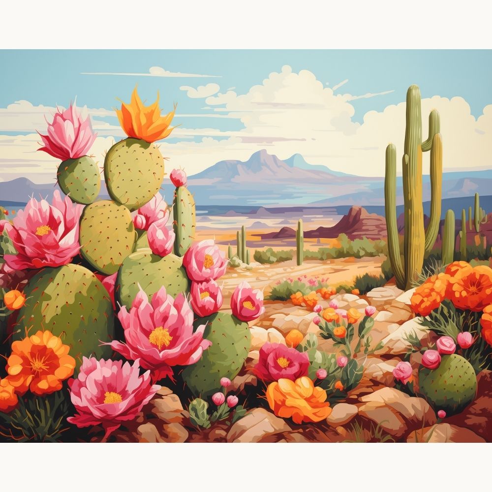 A vibrant, cartoon-style illustration depicts a desert landscape teeming with cacti and wildflowers..