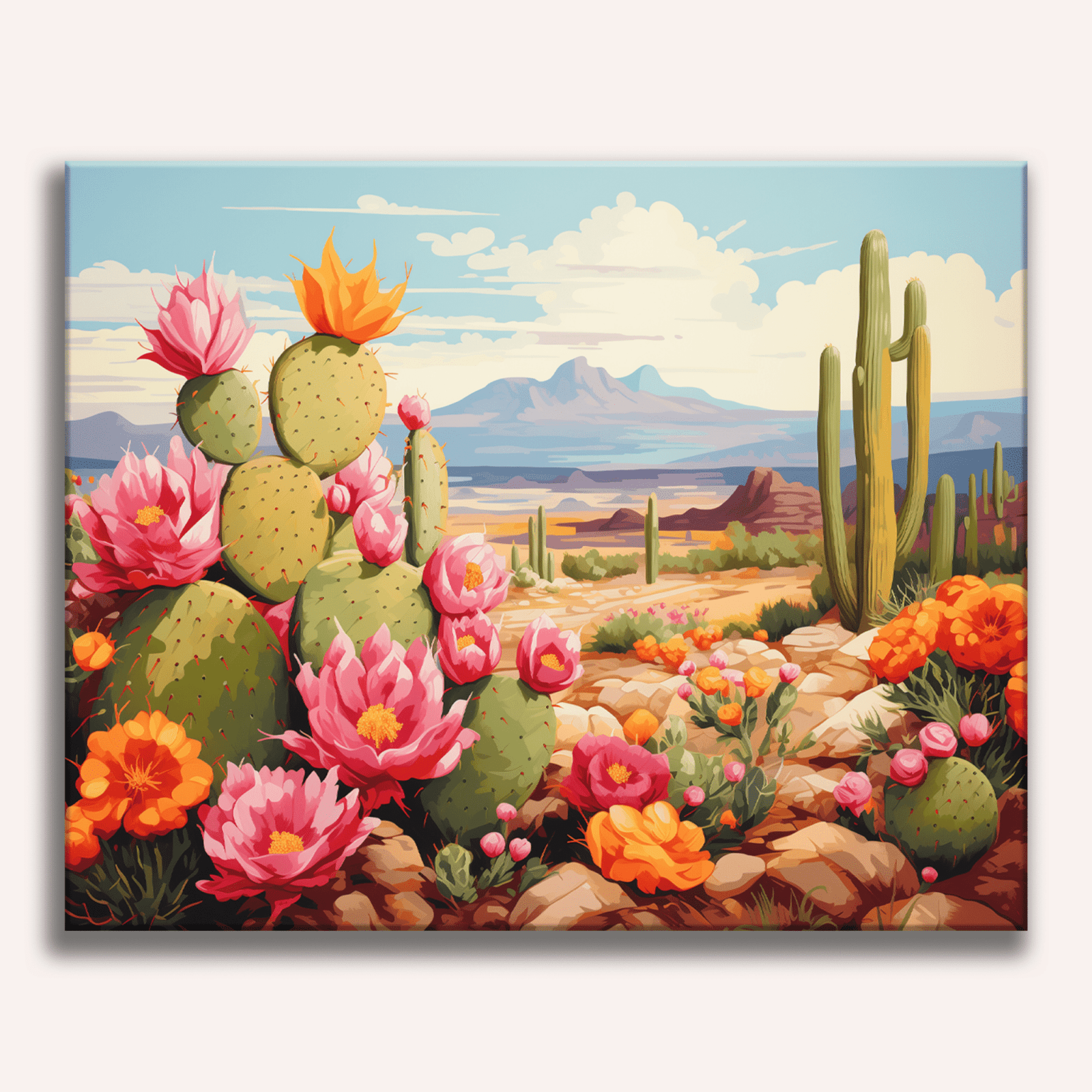 A vibrant, cartoon-style illustration depicts a desert landscape teeming with cacti and wildflowers..