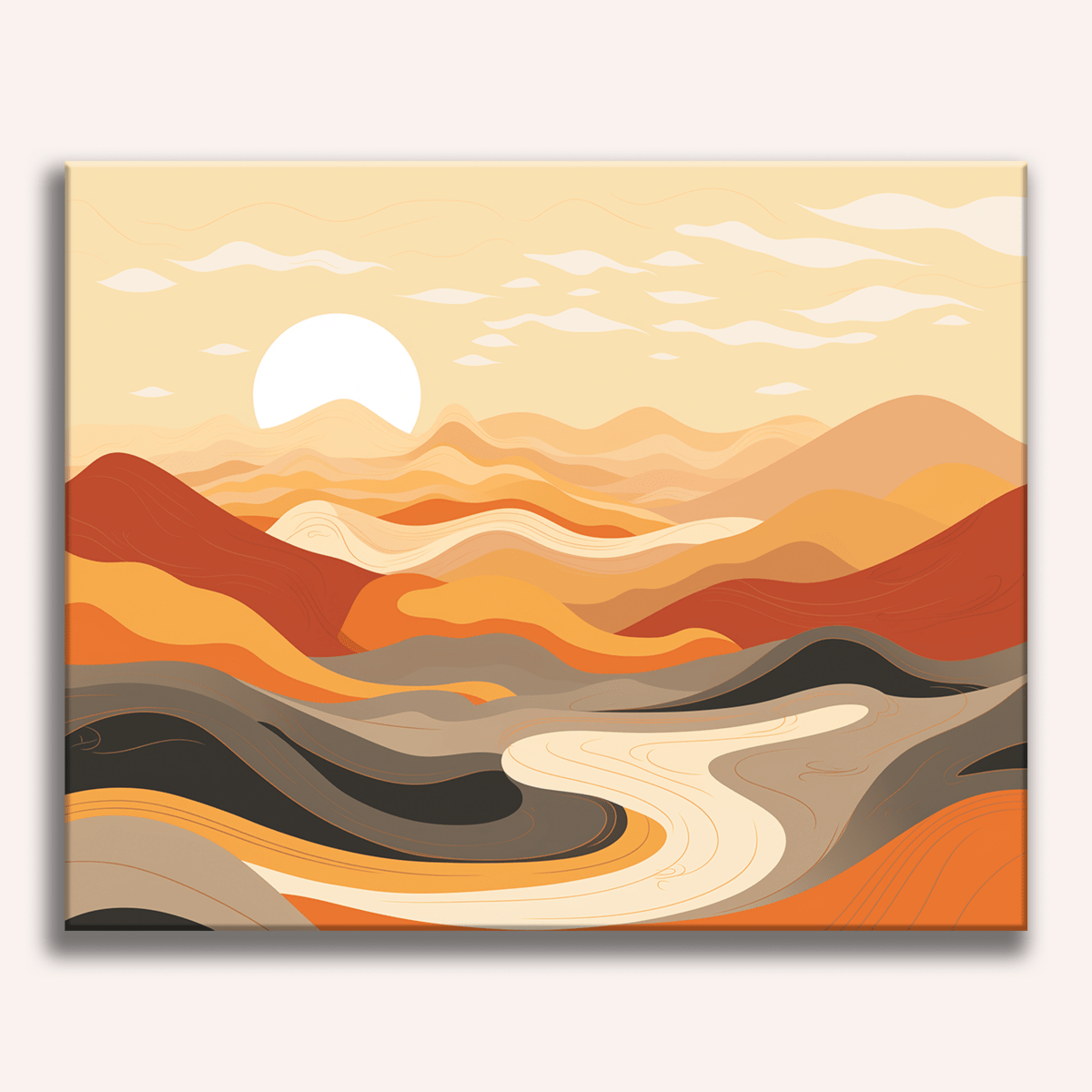 The image presents a vibrant sunset scene over a mountainous landscape.