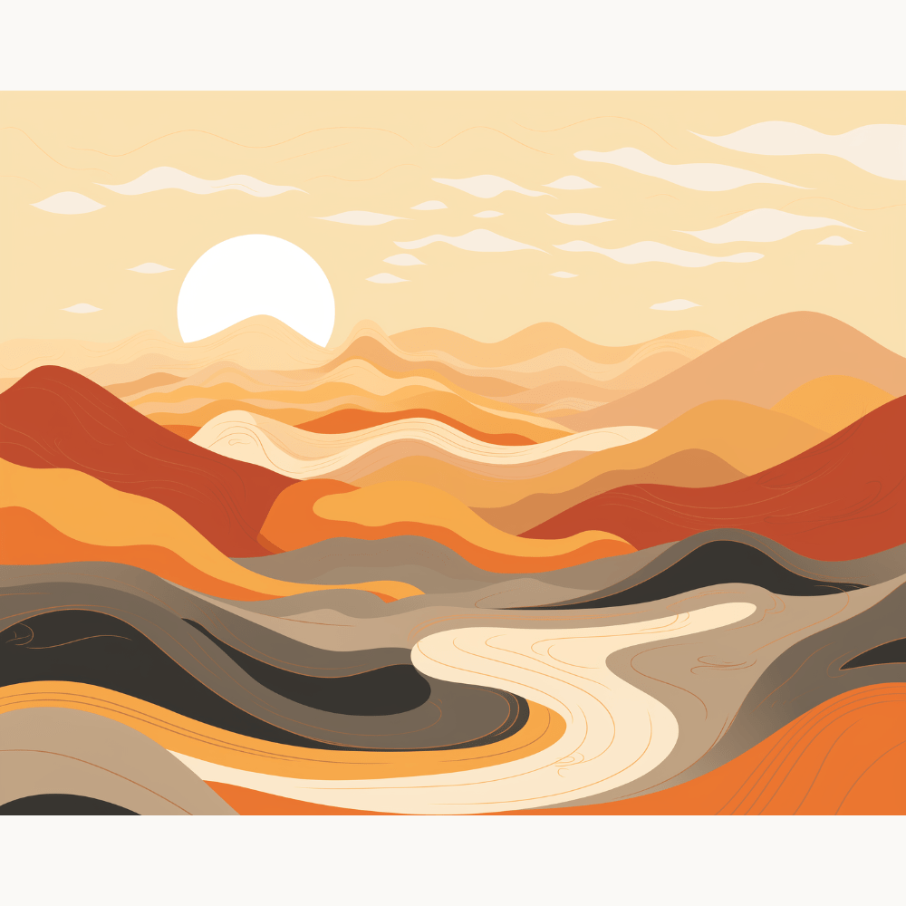 The image presents a vibrant sunset scene over a mountainous landscape.
