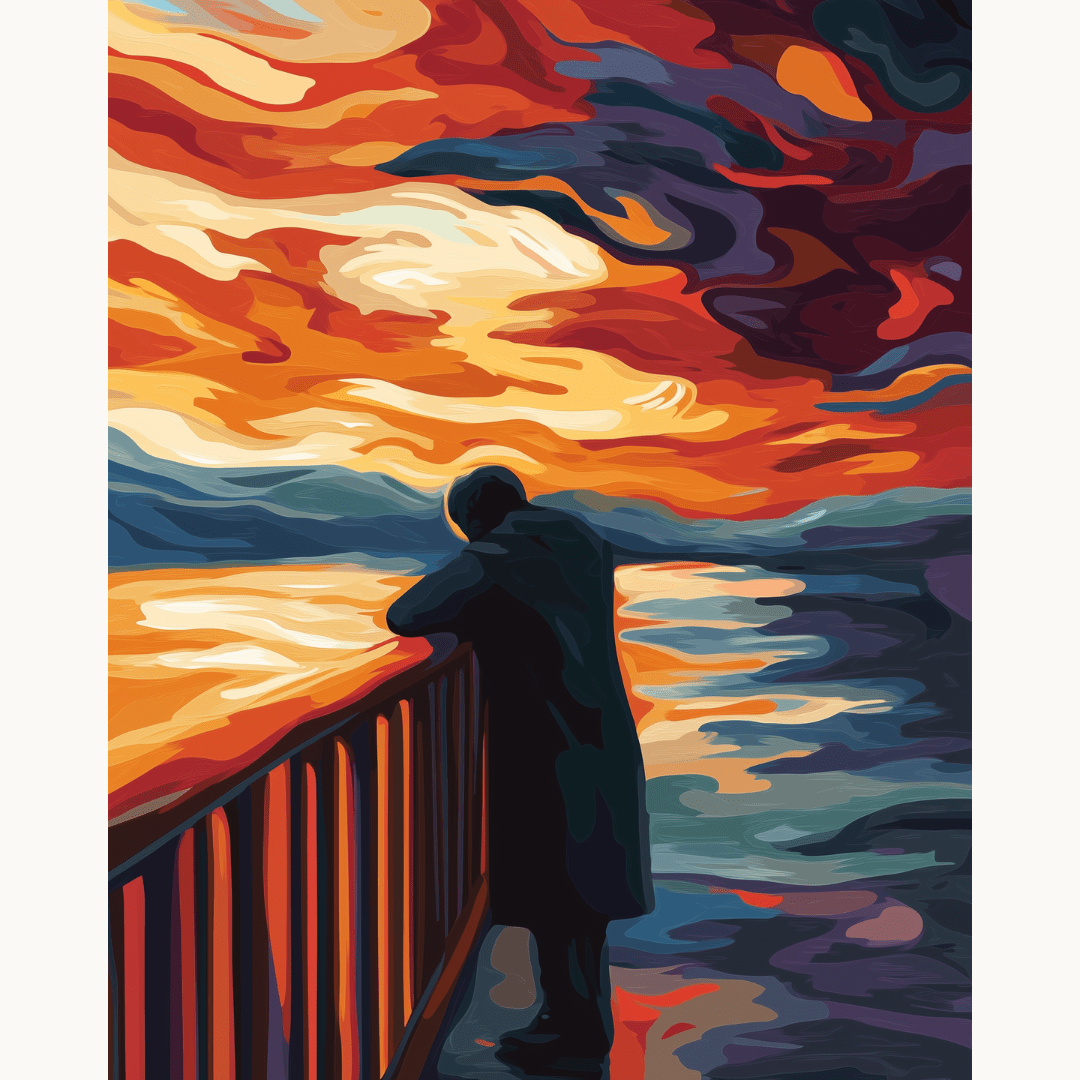 In the image, a person stands alone on a wooden deck at dusk.