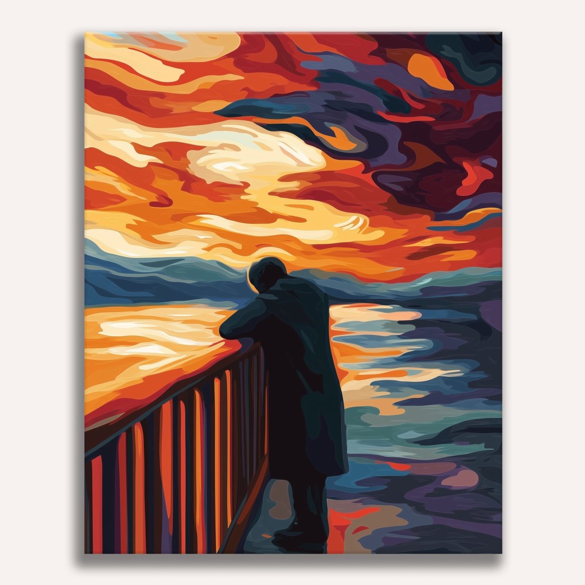 In the image, a person stands alone on a wooden deck at dusk.