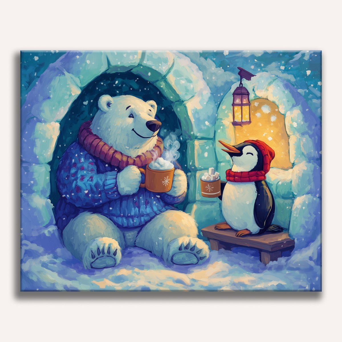 This is a whimsical illustration featuring two characters, a polar bear and a penguin, amidst a snowy landscape that resembles a cozy winter scene.