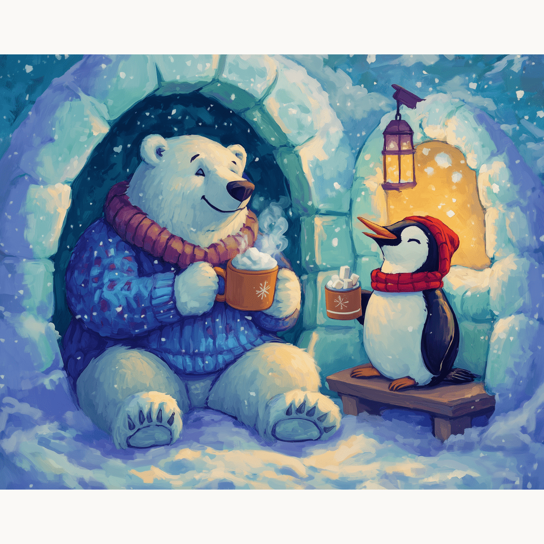 This is a whimsical illustration featuring two characters, a polar bear and a penguin, amidst a snowy landscape that resembles a cozy winter scene.